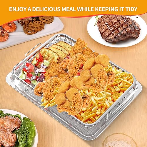Miniatura 6 de N.Gracia Cesta para freidora de aire para horno, bandeja grande de acero inoxidable de 15.5 x 11.6 pulgadas con 50 piezas de papel pergamino, cesta