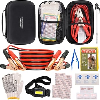 HolaKit Car Emergency Kit – Roadside Safety Kit with Jumper Cables, LED Headlamp