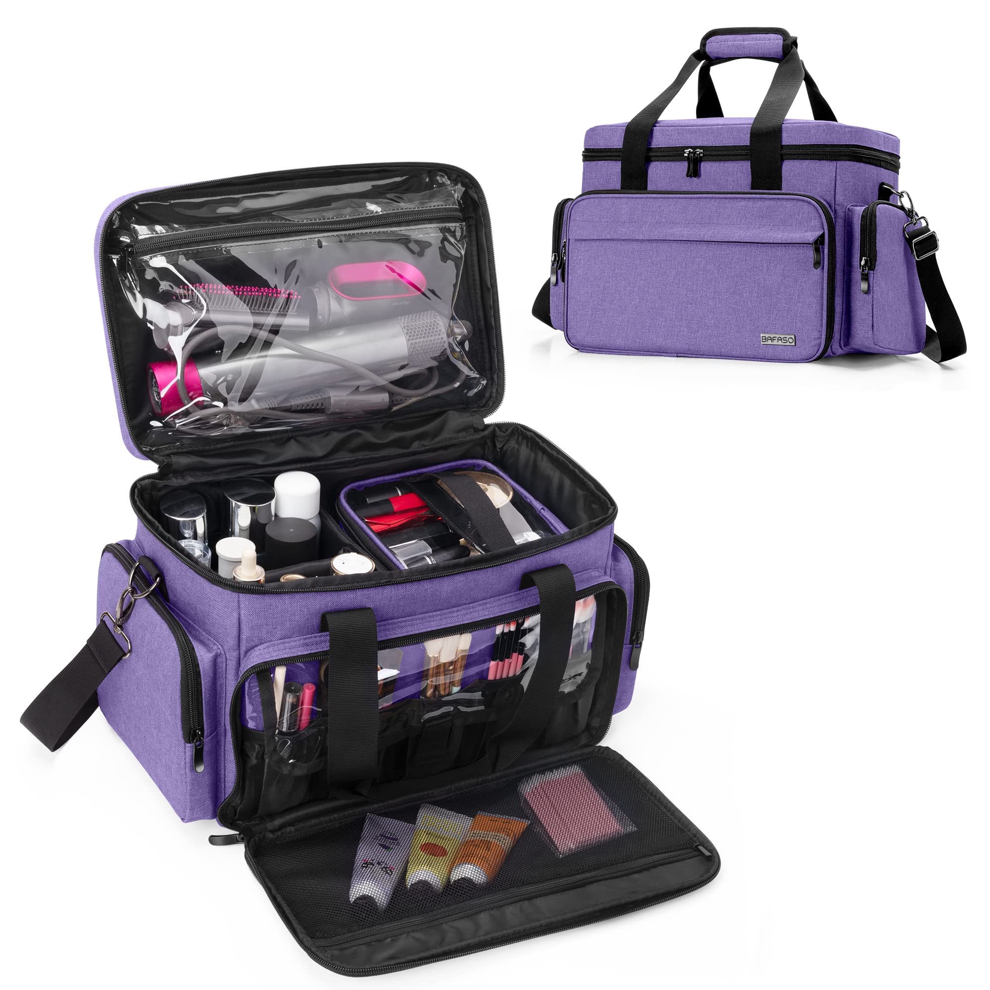 BAFASO Make up Organizer Tasche, Kosmetiktasche für Frauen, Kulturtasche Damen Groß, Tragetasche für Kosmetika und Make up, (Patent angemeldet), Lila | Mit 2 abnehmbaren Taschen und Trennwänden zur Aufbewahrung von Make-up und Haaraccessoires (zum Patent