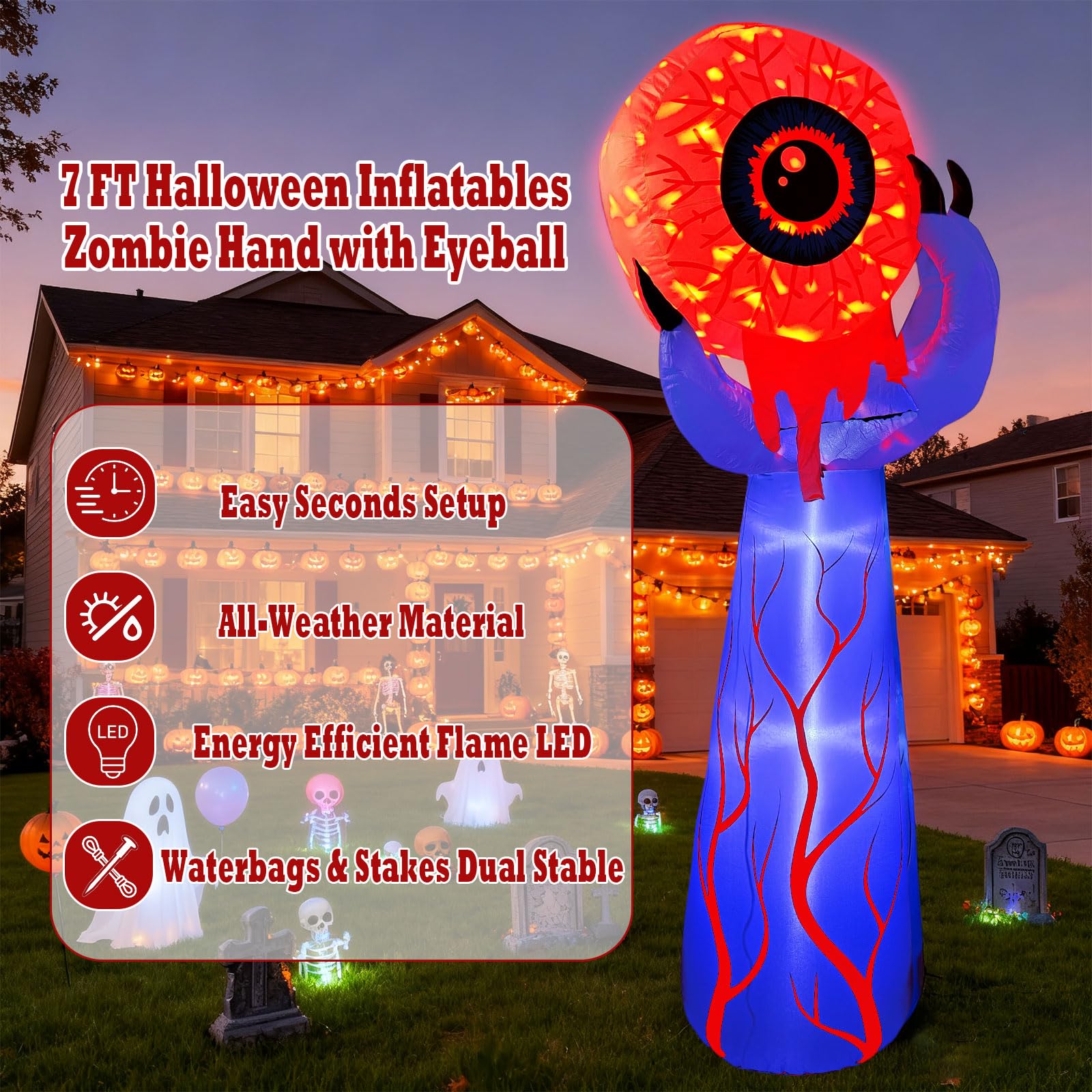 Halloween nadmuchiwane fioletowe dłoń potwora z krwawą gałką oczną - płomień LED, dekoracja na podwórko, upiorne dmuchanie na rekwizyty na imprezę nawiedzonego domu, dekoracja na Halloween