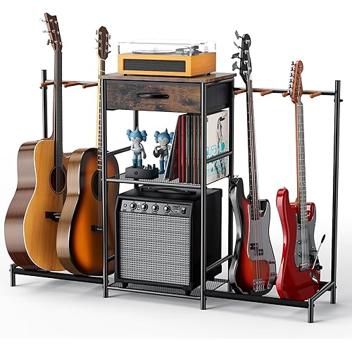 Guitar Stands Floor with 4 Guitar Holders, 3-Tier Guitar Stand Multiple Guitars, Guitar Rack with Amp Stand & Cloth Drawer, Multi Guitar Stand for Music Studio, Guitar Accessories gift for Music Lover