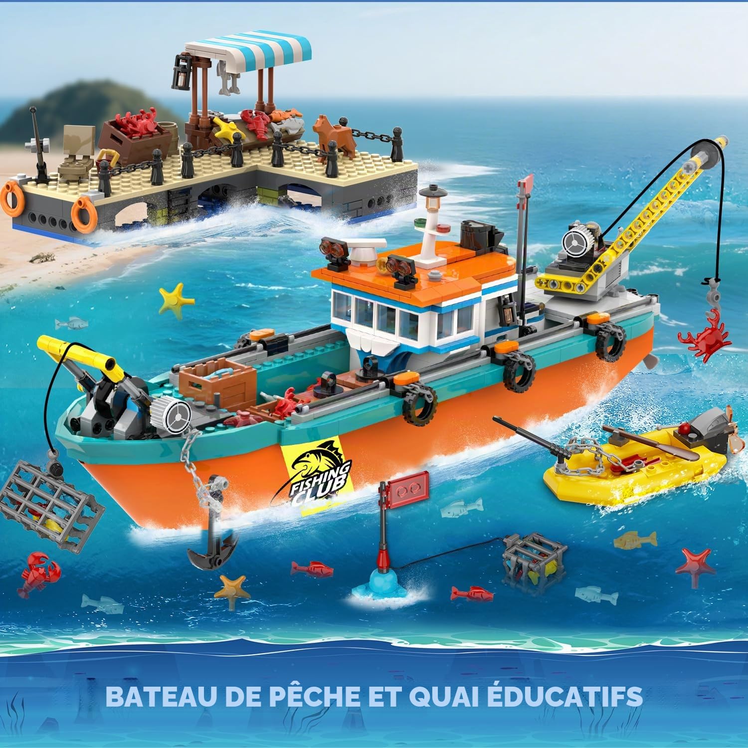 Ensemble de construction de quai pour bateaux de pêche urbains - Kit de construction de bateaux de pêche en mer flottants Cadeau d'anniversaire pour enfants de 6, 7, 8, 9, 10 ans et plus, 762 pièces