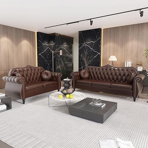 Miniatura 13 de AVZEAR 82" Sofá de tres plazas de cuero, sofá Chesterfield, sofá tapizado en PU de estilo moderno de mediados de siglo, sofá de sala de estar con