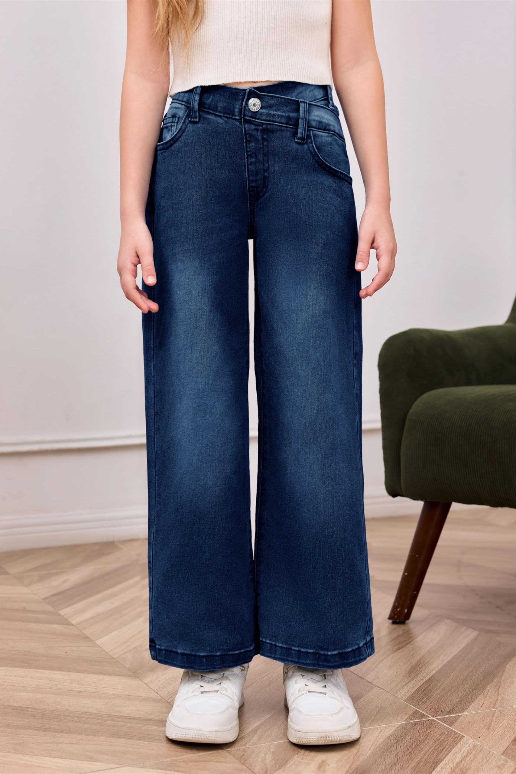 Haloumoning Pantalones vaqueros de cintura alta para niñas, pantalones vaqueros con cintura elástica, piernas anchas