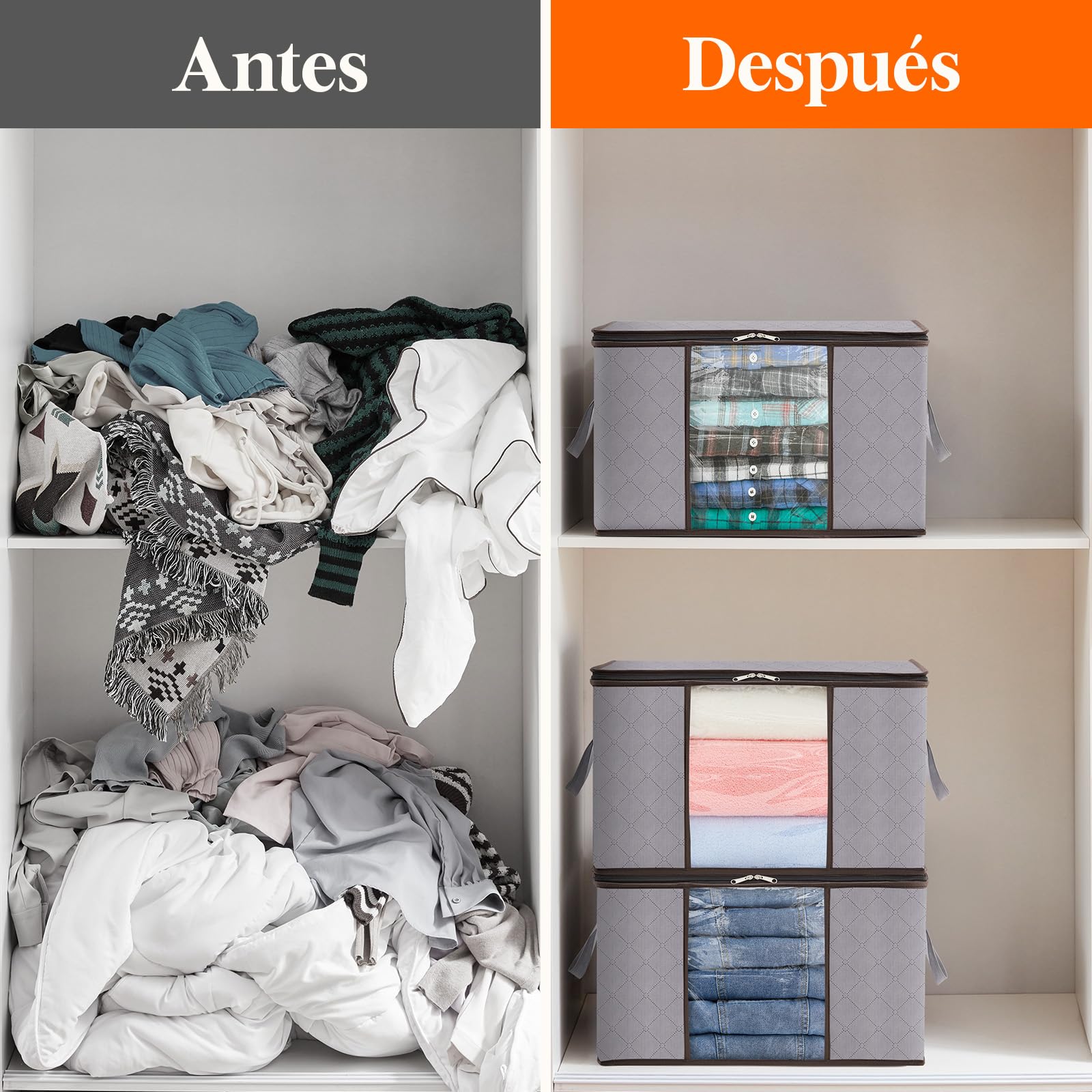 Lifewit Bolsas Almacenaje Ropa, Cajas Almacenaje Plegable, Bolsas para Guardar Ropa, Cajas Mudanza, Organizador Armario Para Ropa, Mantas, Juguetes, Gris Claro, 50 L, 4 Piezas