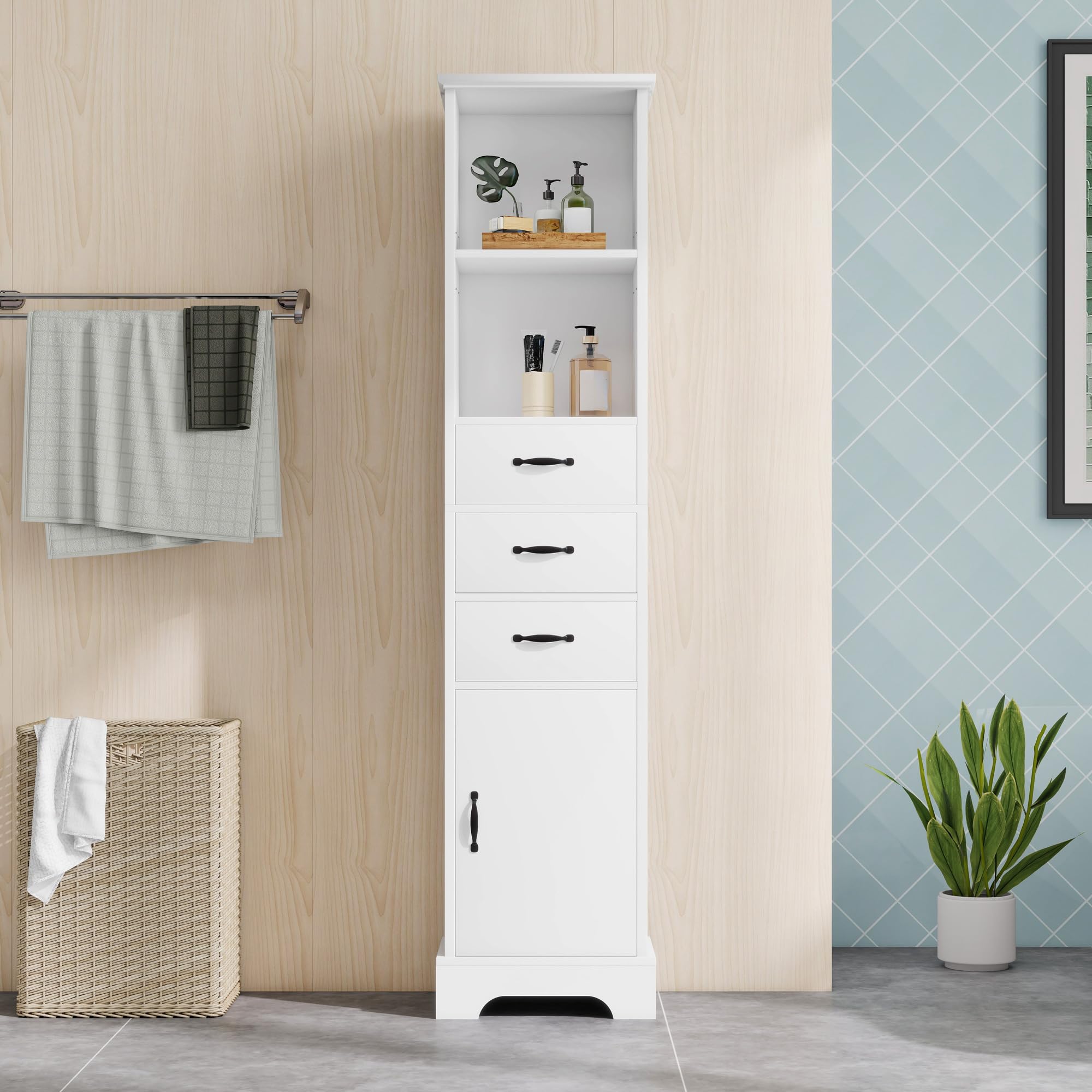 Armario alto de pie para el baño, lacado con compartimentos abiertos y cajones, armario lateral sobre pies altos como sistema de organización para el cuarto de baño que ahorra espacio