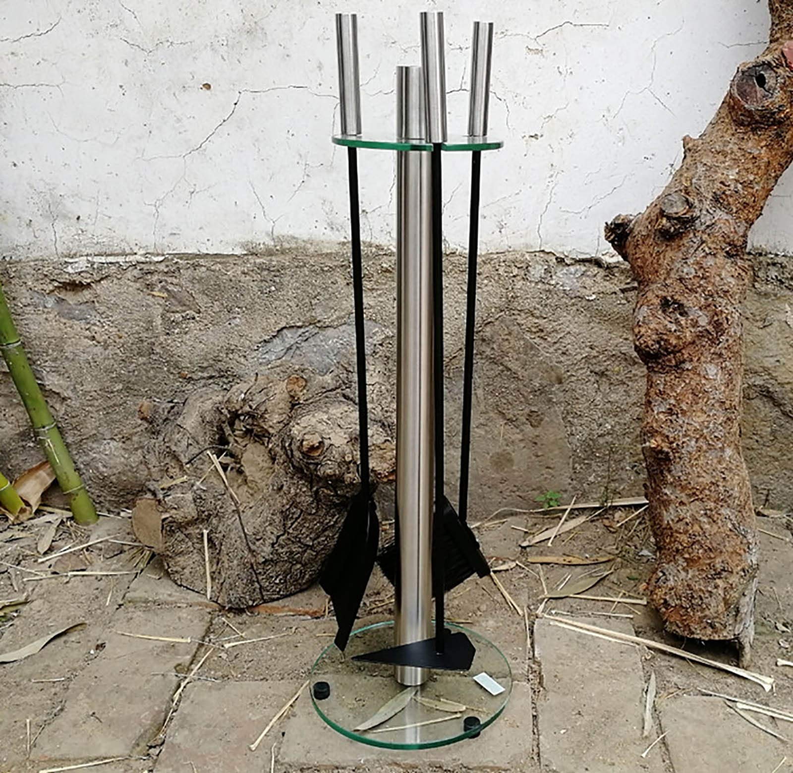 4-Teiliges Kaminbesteck Mit Glassockel, Schaufel, Bürste, Schürhaken Aus Edelstahl, Silbernes Kaminbesteck Für Feuerstelle Und Holzofen