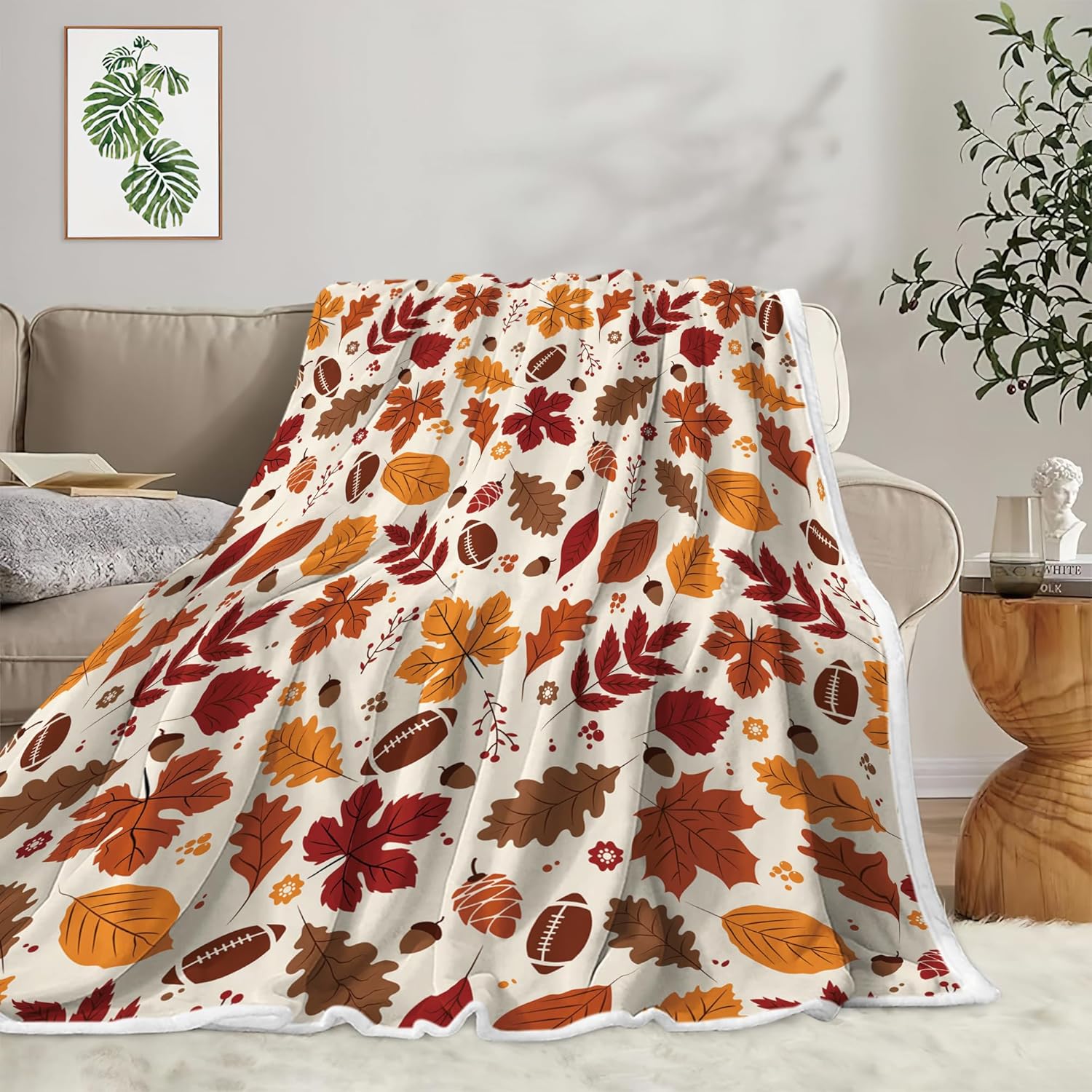 DYNH Fall Sports Throw Blanket, Fall Autumn Brown Football Rugby Game Colorful Maple Leaf Leaves and Pine Cone Throw Blankets,Cozy Soft Fleece Fuzzy Throw Blanket for Bed Couch Sofa Chairs,60X90