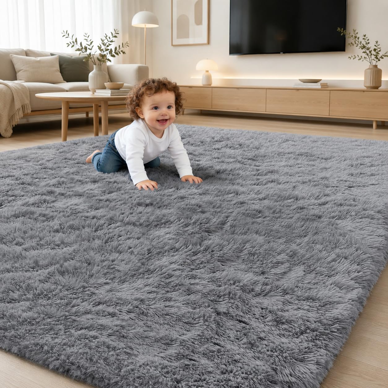 smiry Fluffy High Pile Rugs Living Room, Anti Slip Shaggy Soft Carpet, Machine Washable Modern Large Thick Area Rugs for Bedside, Kids Bedroom - Grey, 120 x 160 cm