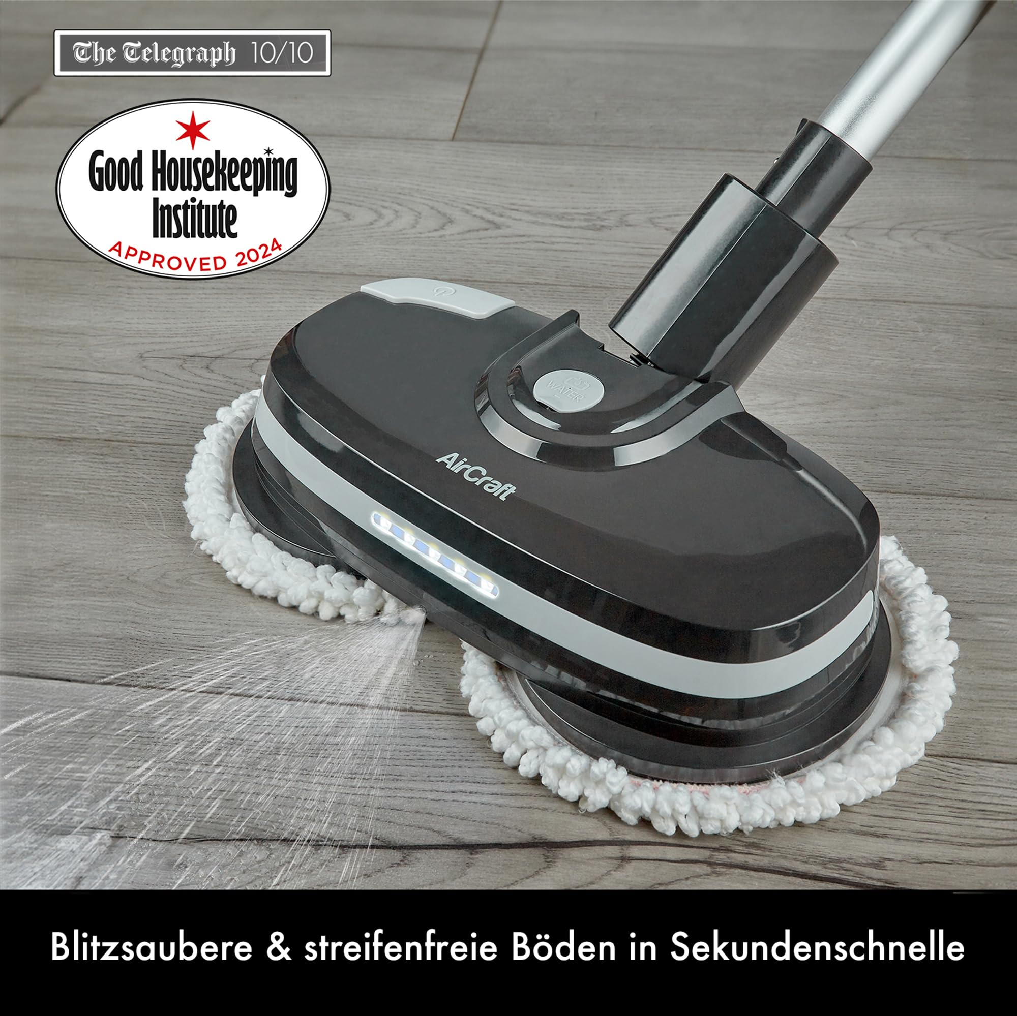 Aircraft PowerGlide | Kabelloser Hartbodenreiniger und -Polierer | Inkl. 8 Reinigungs- und Polierpads aus Mikrofaser | Ideal für Holz-, Fliesen- und Laminatböden