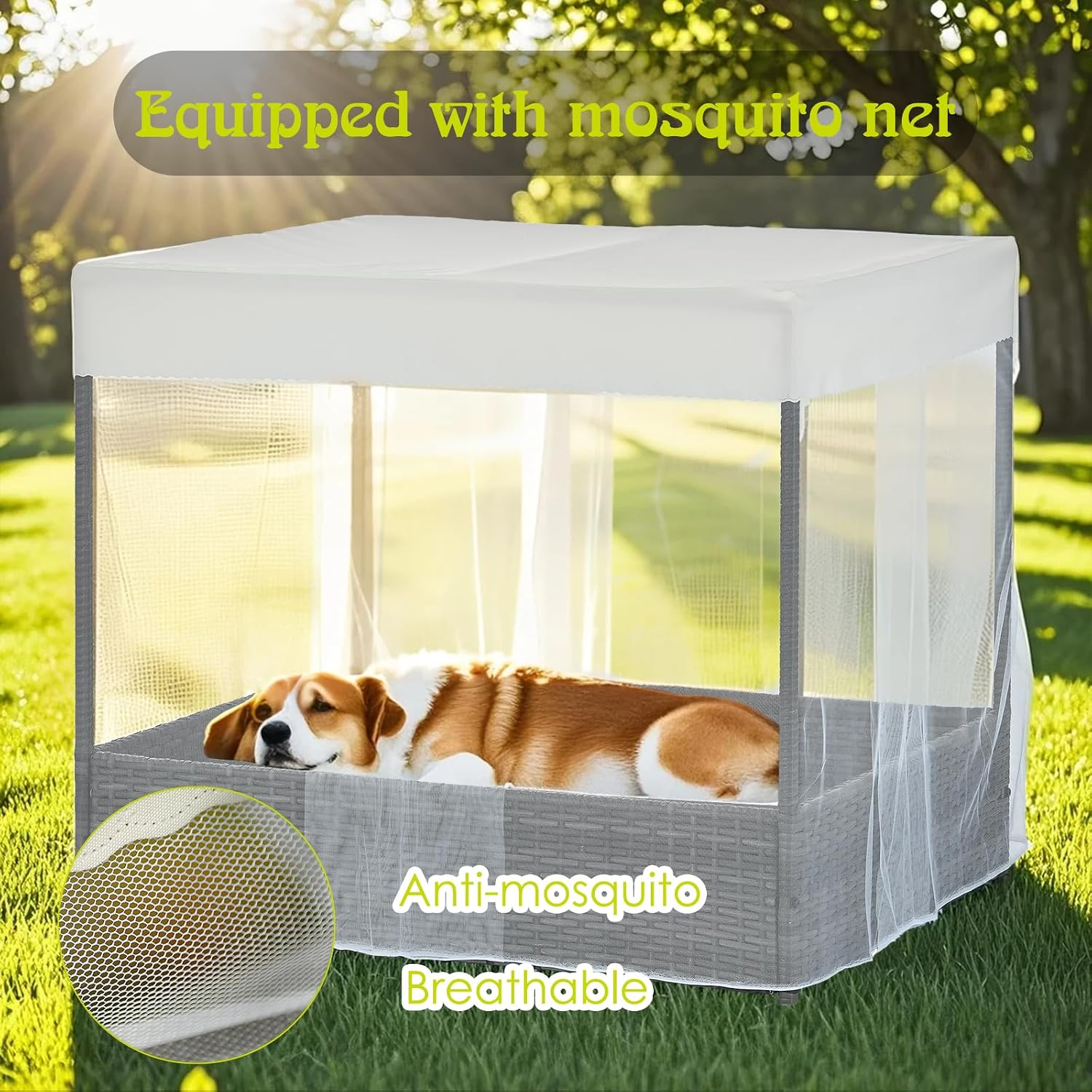 Wicker Dog House Outdoor Indoor with Canopy, Weatherproof Outside Dog Shelter Bed with Cushion, 4Sided Mesh Windows, Pet House Tent Shade for Small Medium Dogs, Rattan Dog Cot for Patio Yard Gray