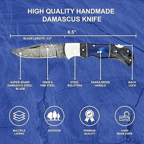 Miniatura 4 de Lara Eagle Cuchillo de bolsillo personalizado de Damasco para hombres, cuchillos de caza plegables hechos a mano de acero sólido multicapa con