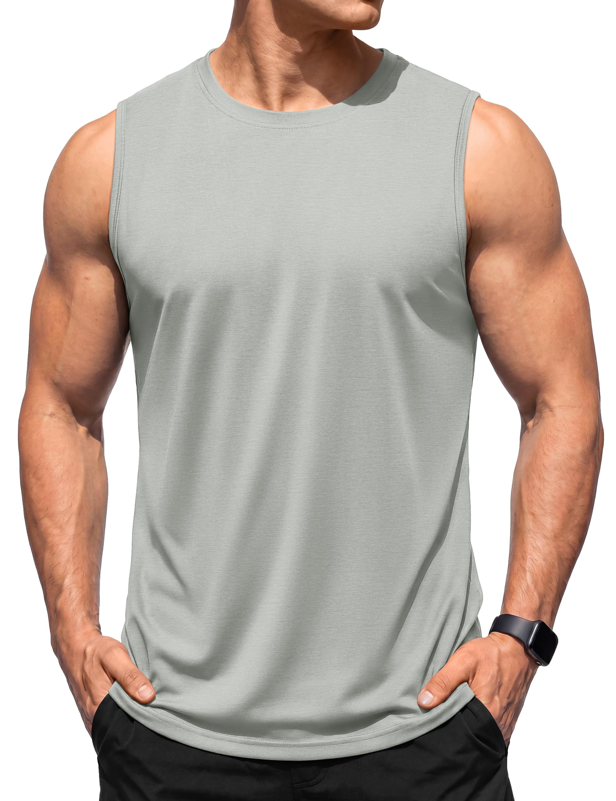 TACVASEN Trägershirt Herren Tanktop Muskelshirt Gym Fitness Baumwolle Laufshirt Ärmellos UPF 50+ Sommer Hellgrau L