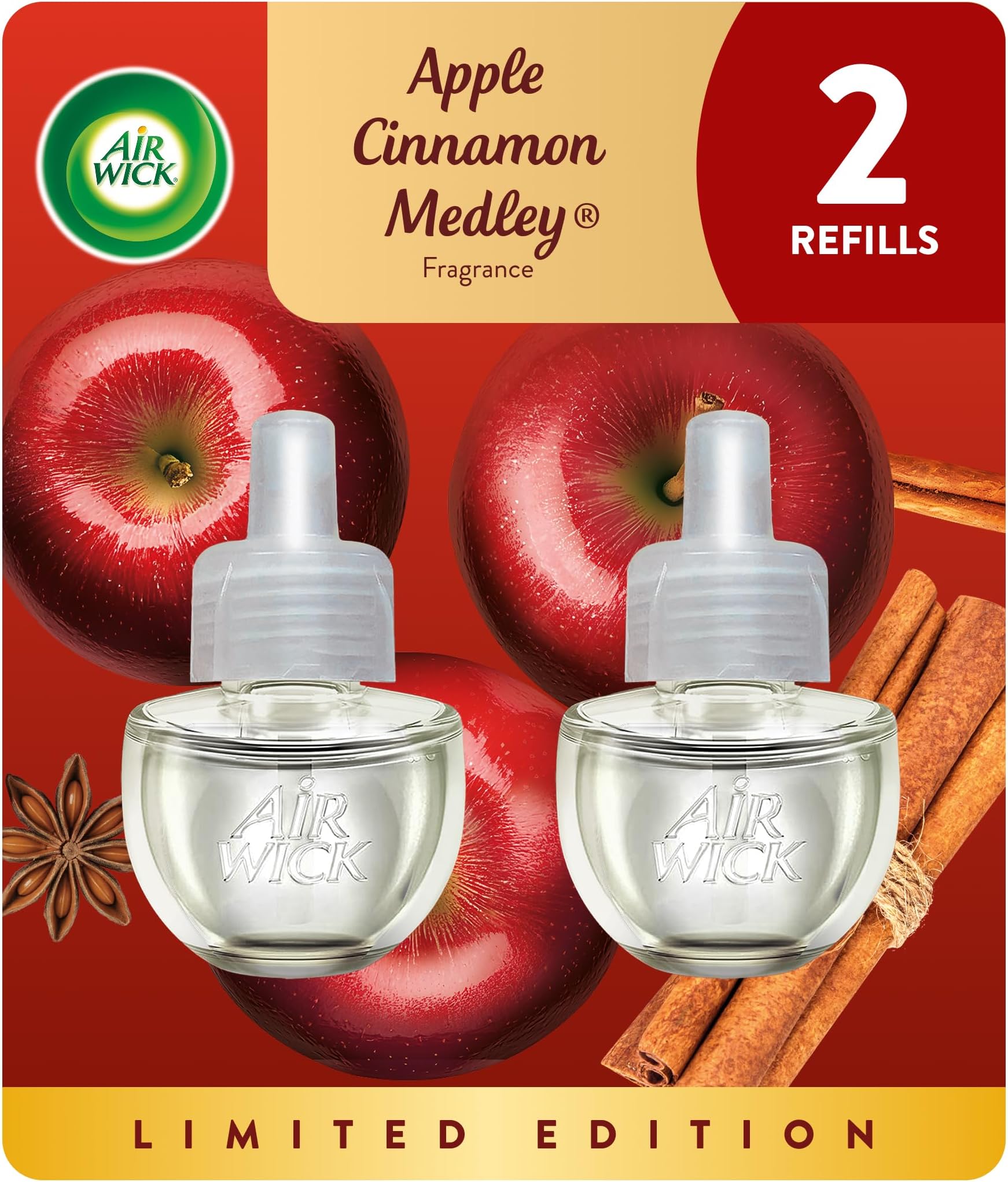 Air Wick Plug in Scented Oil Refill, 2ct, Apple Cinnamon Medley, Fall Scent, Essential Oils, Air Freshener