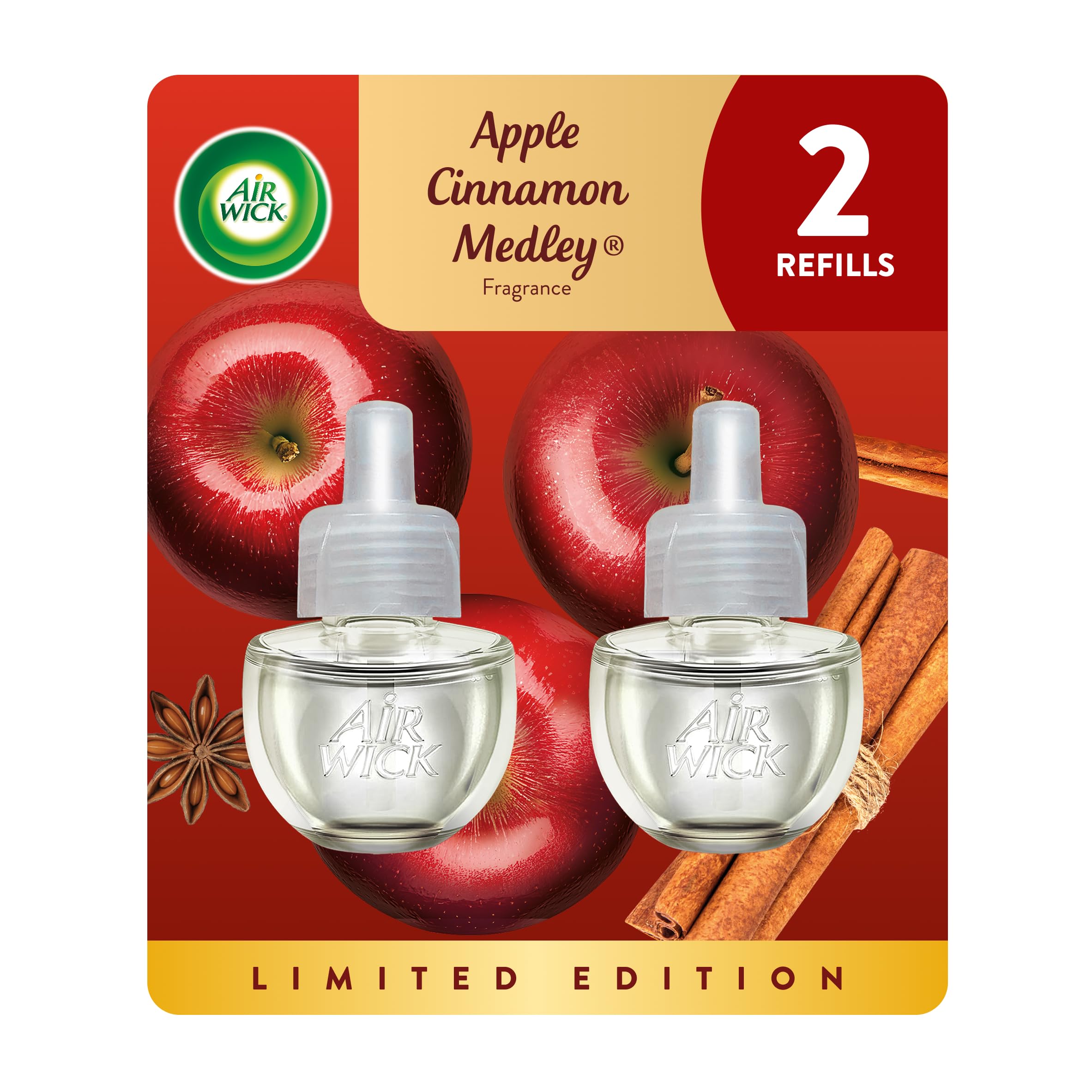 Air Wick plug in Scented Oil 2 Refills, Apple Cinnamon Medley, Holiday scent, Holiday spray, (2x0.67oz), Essential Oils, Air Freshener, Packaging May Vary (6233880420)