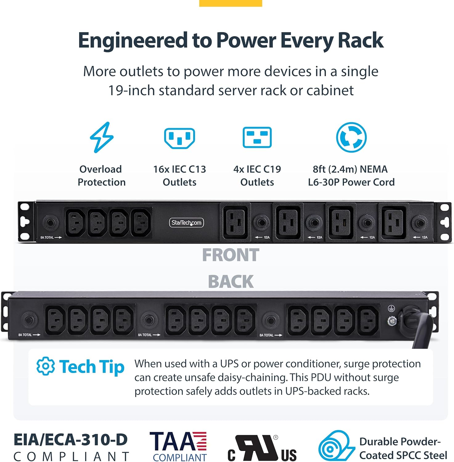 StarTech 20-Outlet Rackmount PDU, 1U Server Power Strip, 16x C13 + 4X C19, 8X Front and 12x Rear Outlets, NEMA L6-30P Wall Connection, 30A/240V, UL-Listed, TAA
