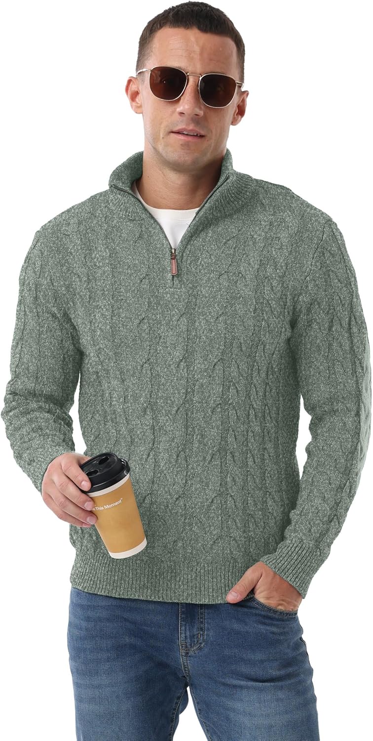 Askdeer Men's Quarter Zip Sweater Cable Knit Pullover Sweaters Mock Neck Classic Casual Polo Sweatshirt - Image 5