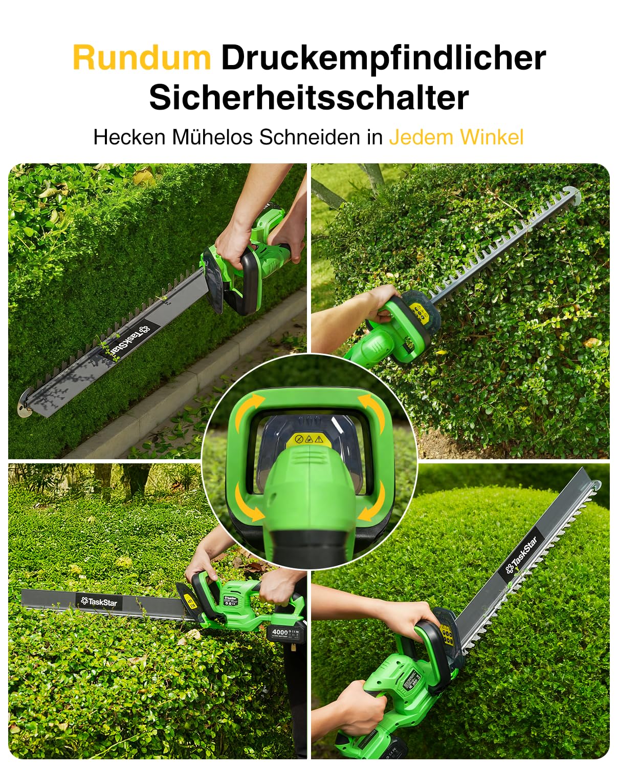TaskStar Cortasetos a Batería 56CM: Cortasetos Eléctrico con Mango Giratorio, Recogedor de Ramas, 2 Baterías Recargables de 4.0Ah, Cuchilla de Doble Acción, Cortasetos para Jardín y Arbustos