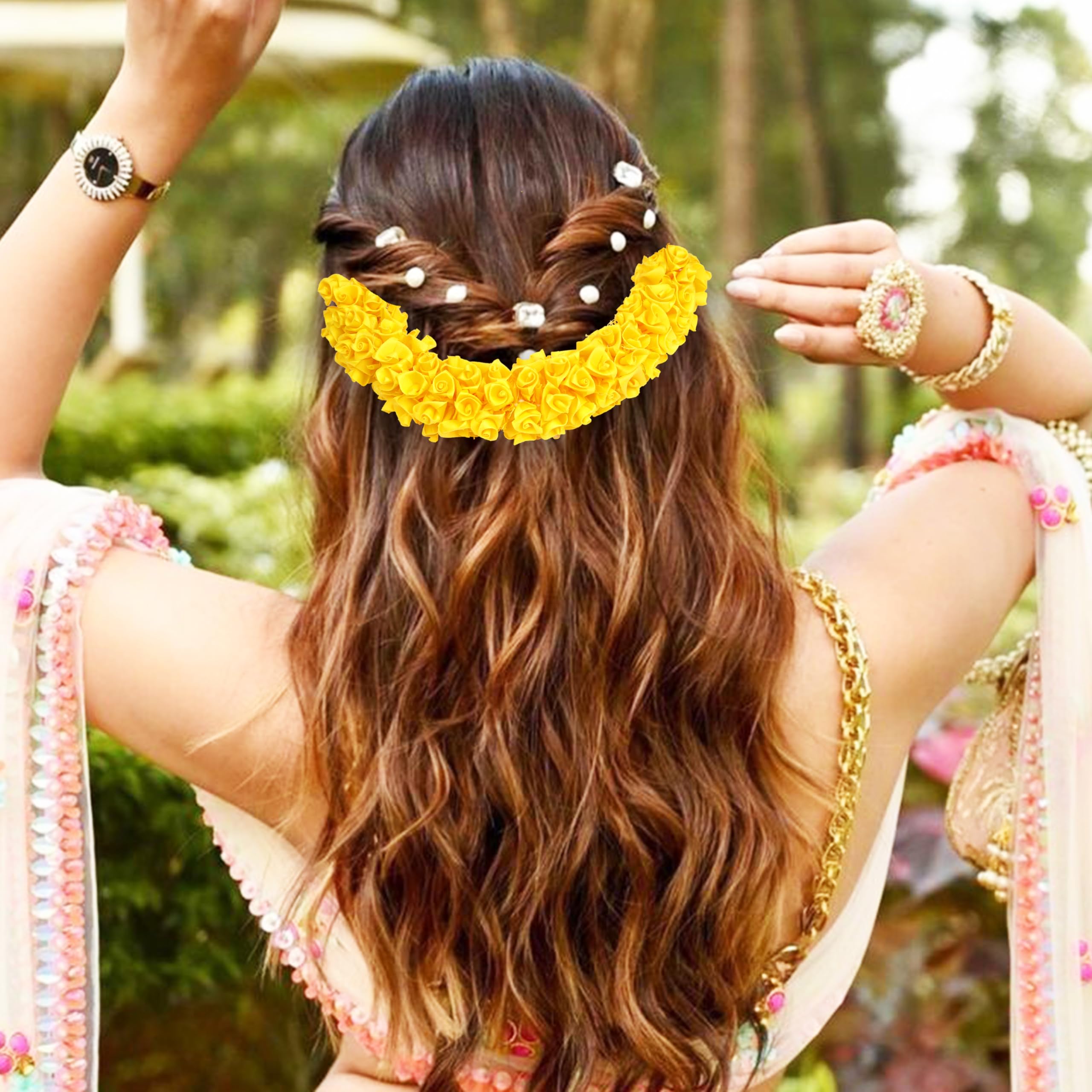 TrendyTrolley Artificial Mogra Gajra 2 Pc Set | Yellow & White Gajra for Women | Bridal Wedding Haldi Mehendi Bride to Be Bharatanatyam Kathak Dance Hair Accessorie | Floral Bun for Hair Styling 1