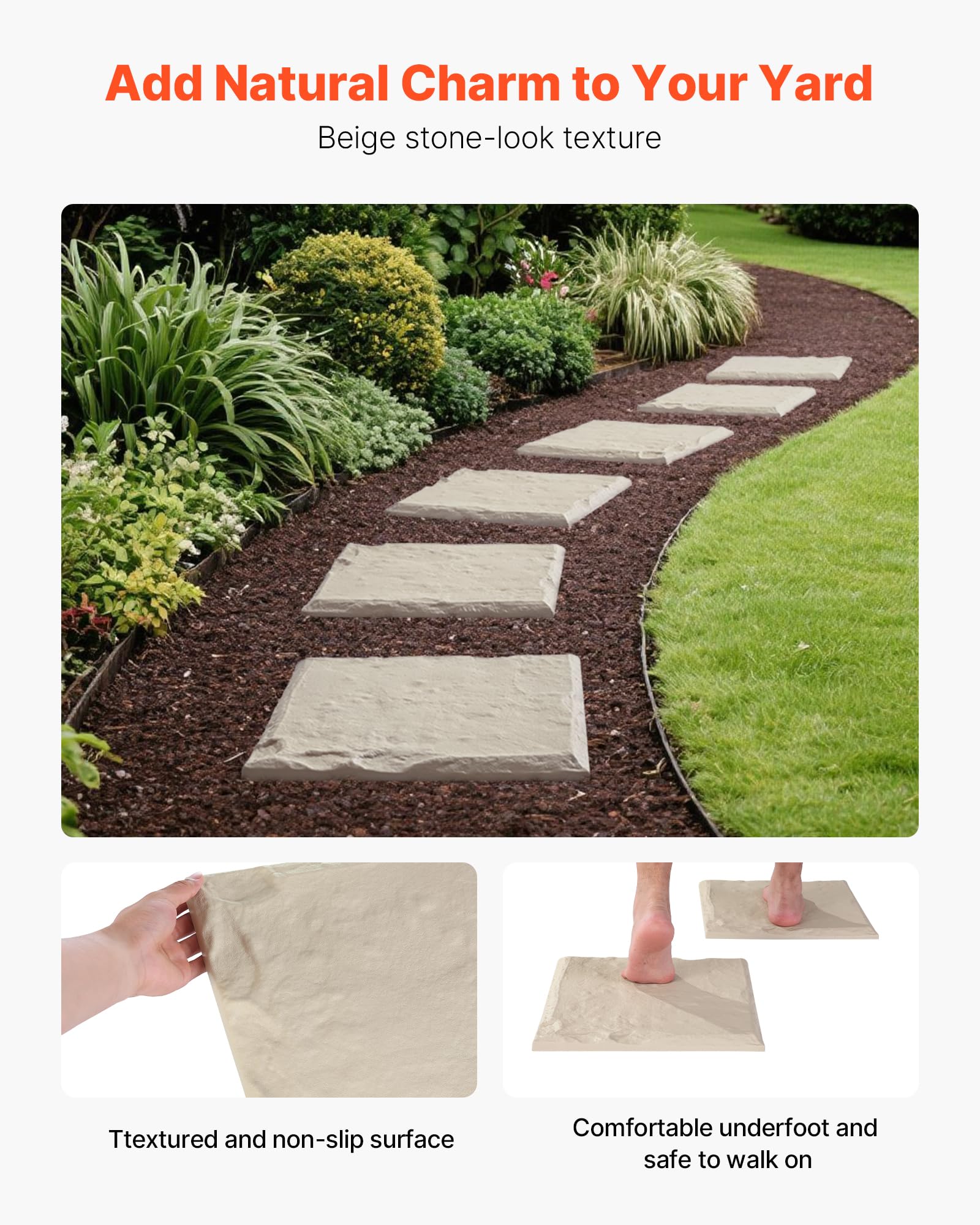 VEVOR Trittsteine Garten, 16 Stk., 395x395 mm, dekorative Gehwegplatte mit Pfählen, Kunststoff-Wegepflaster, Steinplatte aus Kunststoffharz PC, Steinoptik für Rasen, Terrassenlandschaft, Beige