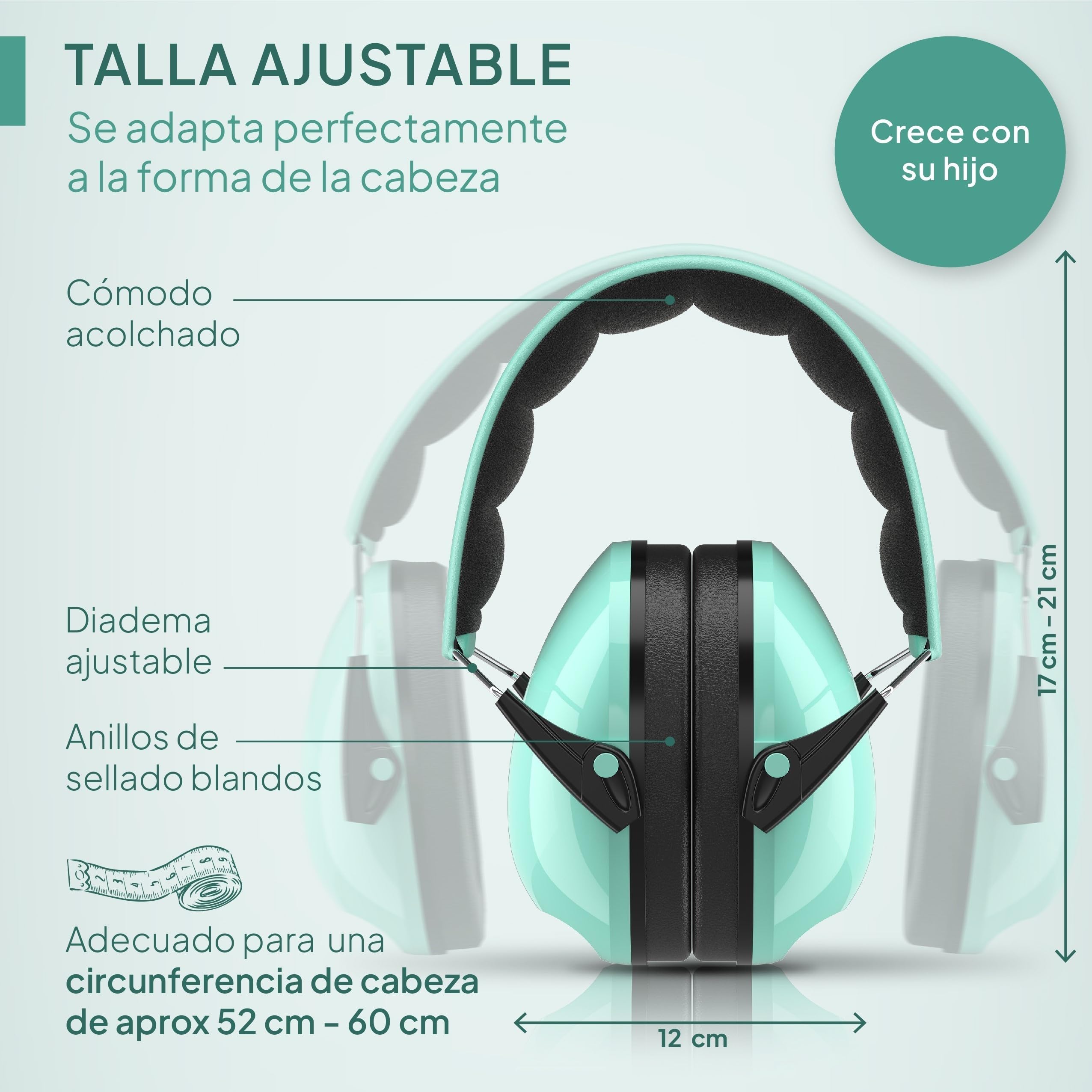 Senner ® KidsPro | Protectores auditivos para niños - Auriculares con SNR de 28 dB - Para niños hasta 12 años, ajustables - Protectores de oído - Turquesa