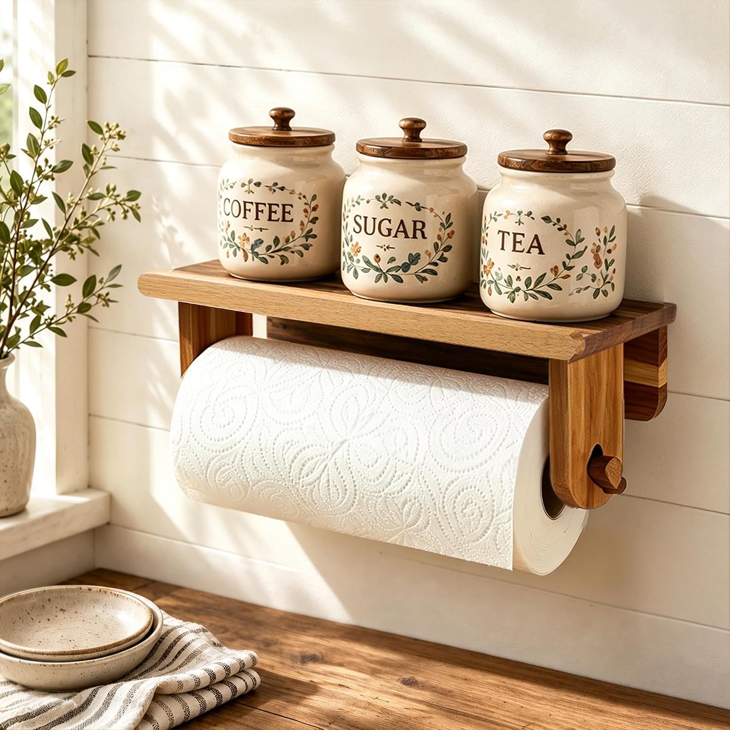 Taozun Acacia Wood Adhesive Paper Towel Holder with Shelf Wall Mount