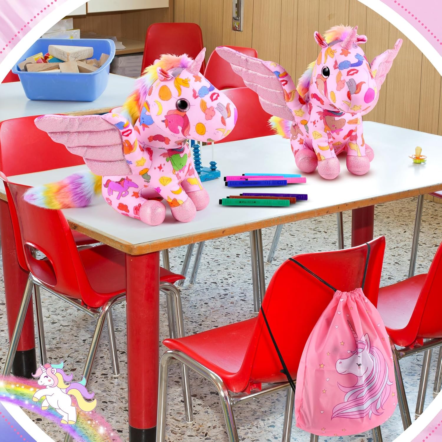 Realspring 11" Coloring Unicorn Plush Toy with 12 Washable Marker for Little Girl DIY Coloring Unicorn Stuffed Animal Toy Soft Doodle Doll Art and Craft Painting for Kids Birthday Gift School