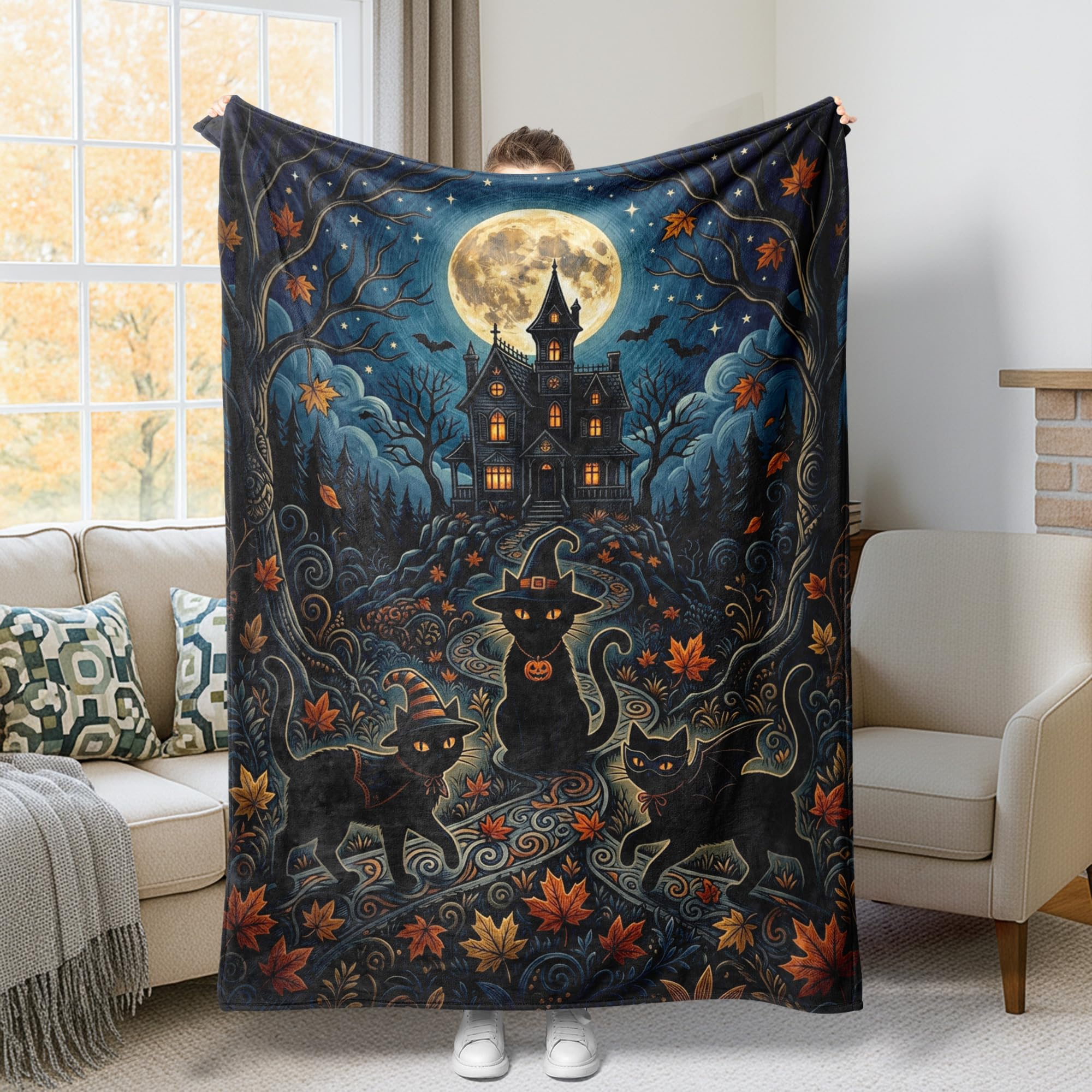 Couverture en peluche noire Halloween plaid grand format lit canapé jeté de canapé citrouille lune