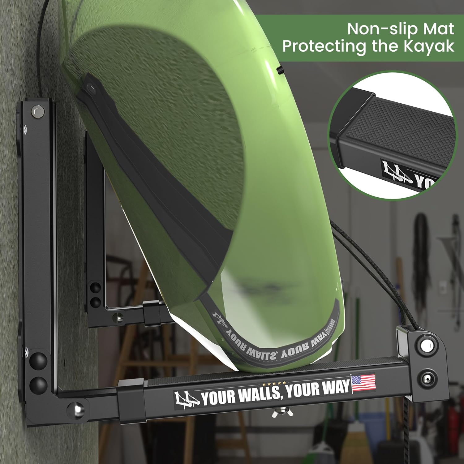 GanFindX Foldable Kayak Wall Rack | Heavy-Duty 11.8-17" Kayak Storage Rack Hanger & Plastic Buckle Straps, Indoor/Outdoor Cradles for Canoe, Kayak, Paddle Board, Surfboard, Snowboard (Bright Black)