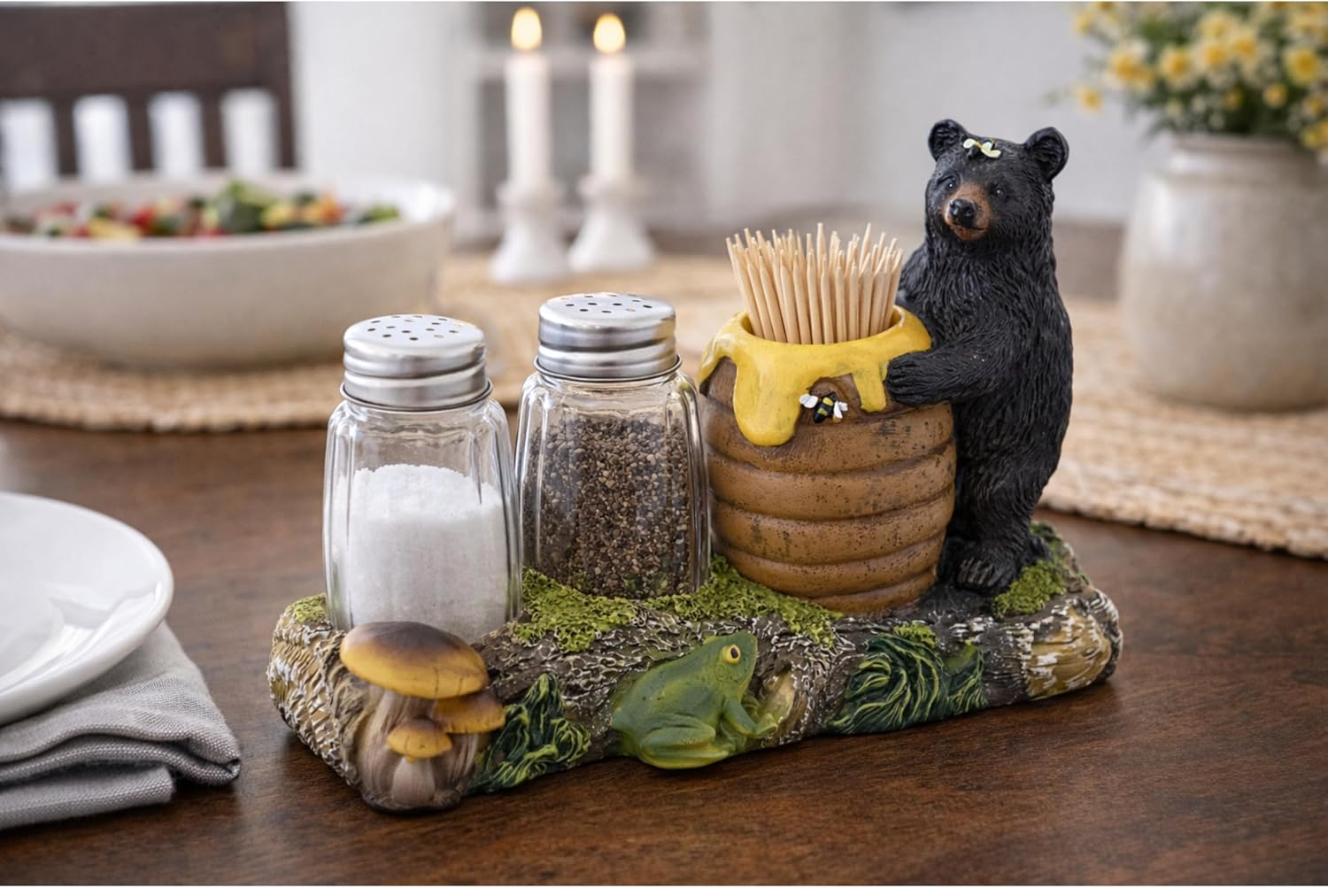 The Bridge Collection Rustic Black Bear Shaker Holder With Beehive – Salt And Pepper Set With Toothpick Pot – Lodge Style Wildlife Decor For Kitchen Or Table
