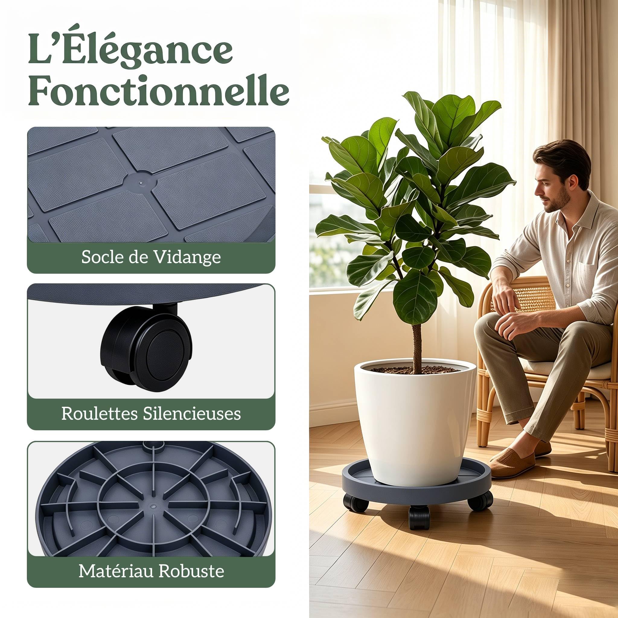Baoblaze Support pour Plante avec roulettes, Chariot de Déplacement de Pots de Fleurs, Base Drainante, Support en Palette pour Plantes d'Intérieur et Arbres en Pot, Diamètre 30 Cm