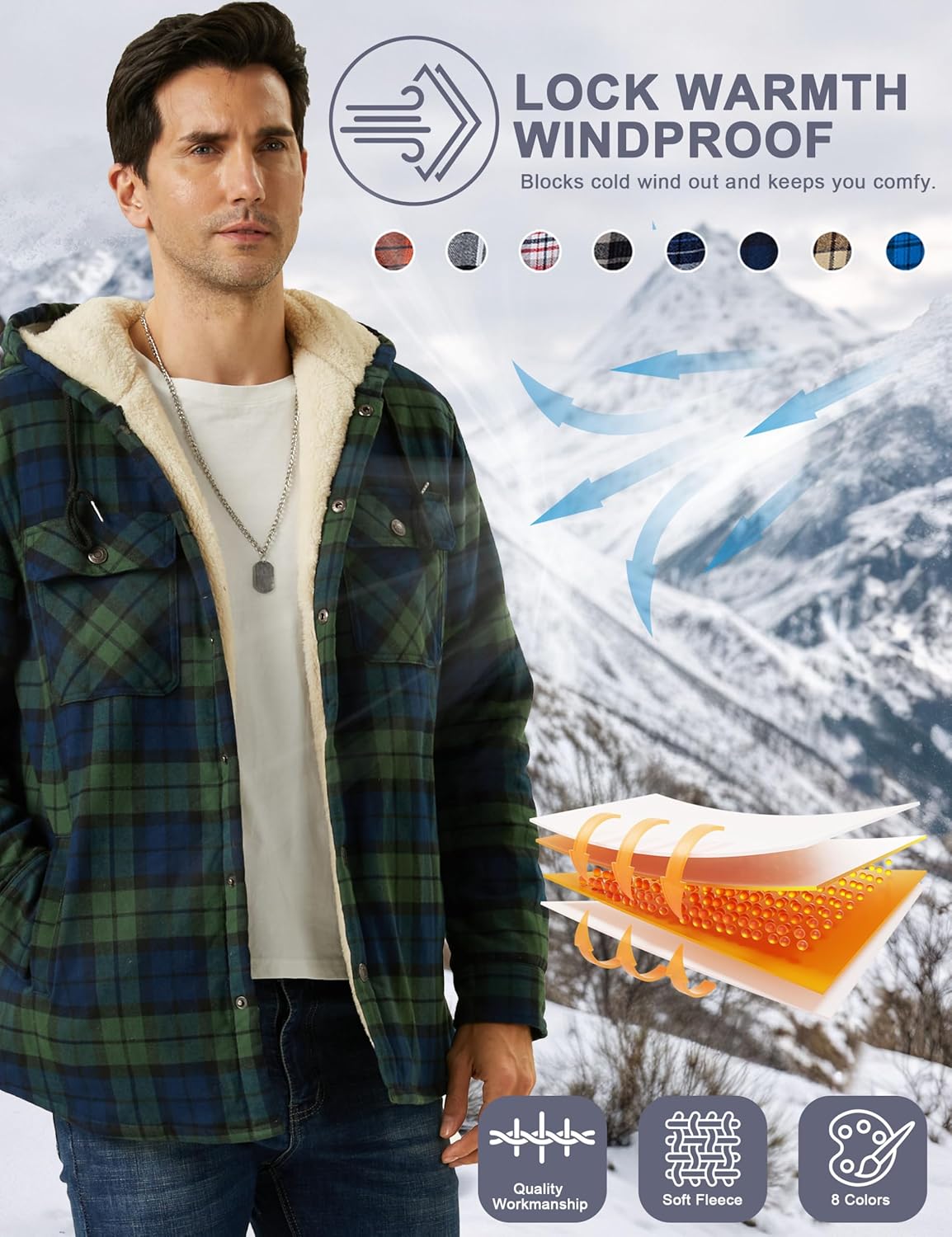 CRYSULLY Men's Flannel Jackets Sherpa Fleece Lined Hoodies Soft Warm Plaid Shirt Jacket Cotton Button Winter Coat with Hood - Image 7