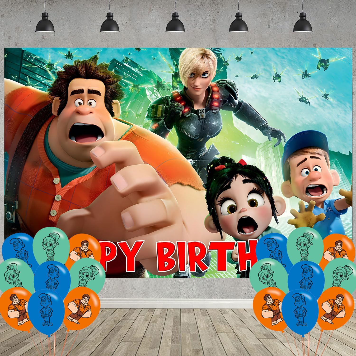 Wreck It Birthday Party Decoration,Ralph Party Photo Background 5 x 3 FT and 18 Pcs Balloon,Ralph Merch Party Backdrop Supplies