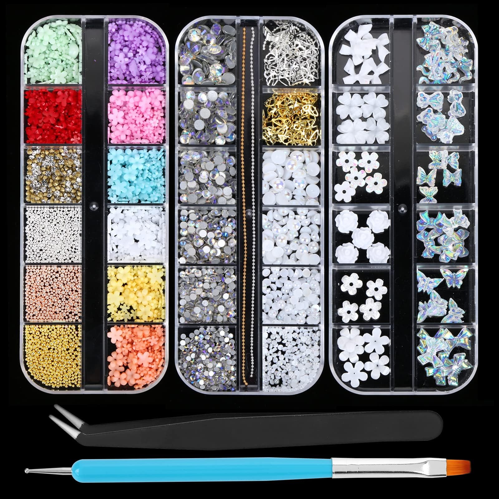 Yolev 3D Nail Art Gem Decoration Accessories Kit，Acrylic Butterfly White Flowers Bear Starry AB Crystal Cute Nail Charms for Nail Art Jewelry Accessories Crafting with Dual-End Brush and Tweezer