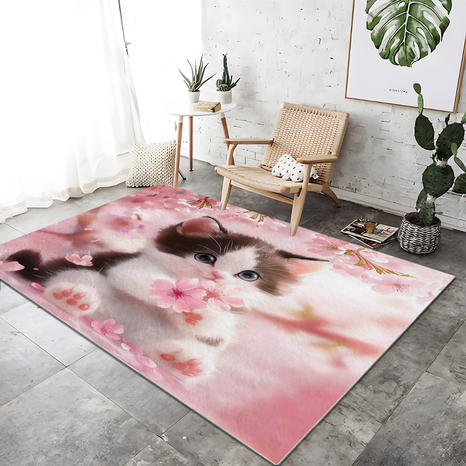 Alfombra para Salón Gato De Dibujos Animados con Flores Rosas 120x180cm Alfombras Lavable Moderna Comedor Cocina Habitación, Alfombra Pelo Corto Fácil de Cuidar, Alfombra Grande