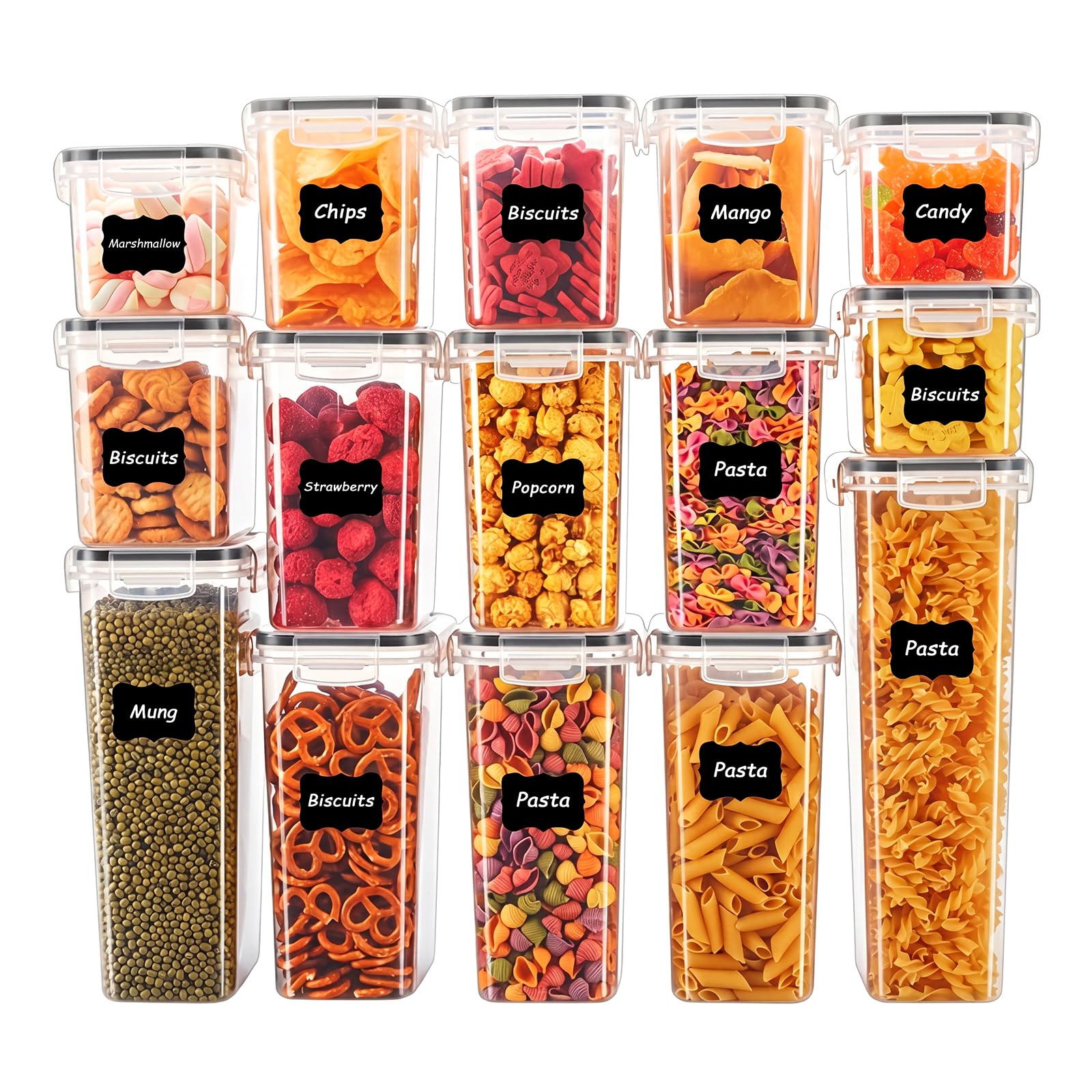 Asnews 15 Pack Airtight Food Storage Containers, BPA-Free Kitchen Storage Containers, Pantry Storage Containers for Sugar, Dry Food & Baking Supplies, Stackable Design, Includes 24 Labels & Marker