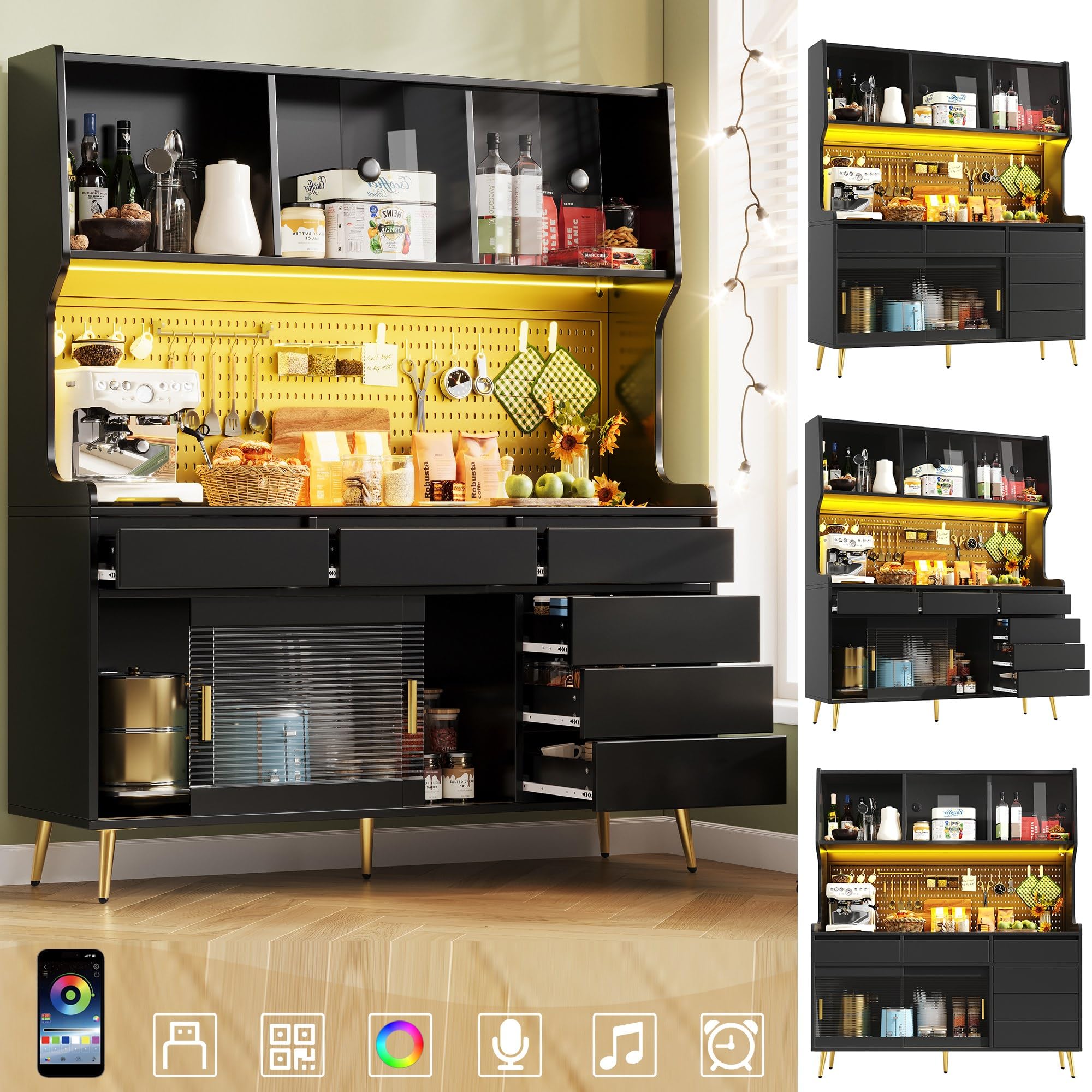 Hochschrank mit LED Beleuchtung & App-Steuerung, Küchenschrank oder Esszimmerschrank mit Schublade,Sideboard mit Aufbewahrungsregal mit Lochwand, 145x39x171cm, Schwarz