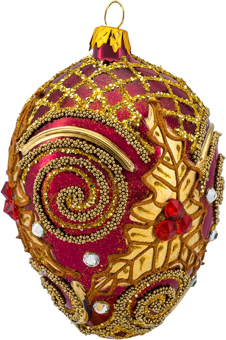 Fabergé Egg 5-inch Blown Glass Christmas Tree Ornament Wine Red with Gold Embellishments Mistletoe Leaves (Burgundy Gloss)