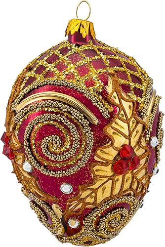 Polish Gallery Fabergé - Adorno de árbol de Navidad de cristal soplado de 5 pulgadas color verde con adornos dorados hojas de muérdago 10B