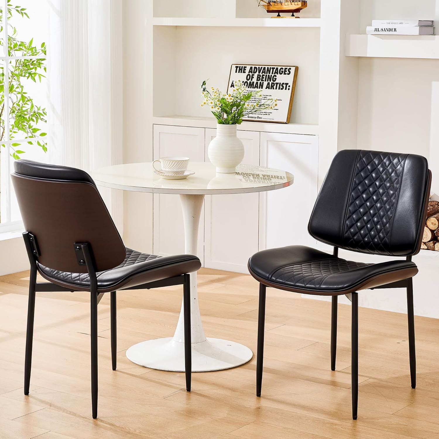 dining chairs set of 2, upholstered pu leather armless chair, mid century modern dining room chairs, retro walnut bentwood kitchen chair with metal legs and adjustable feet, black black-pu 2pcs