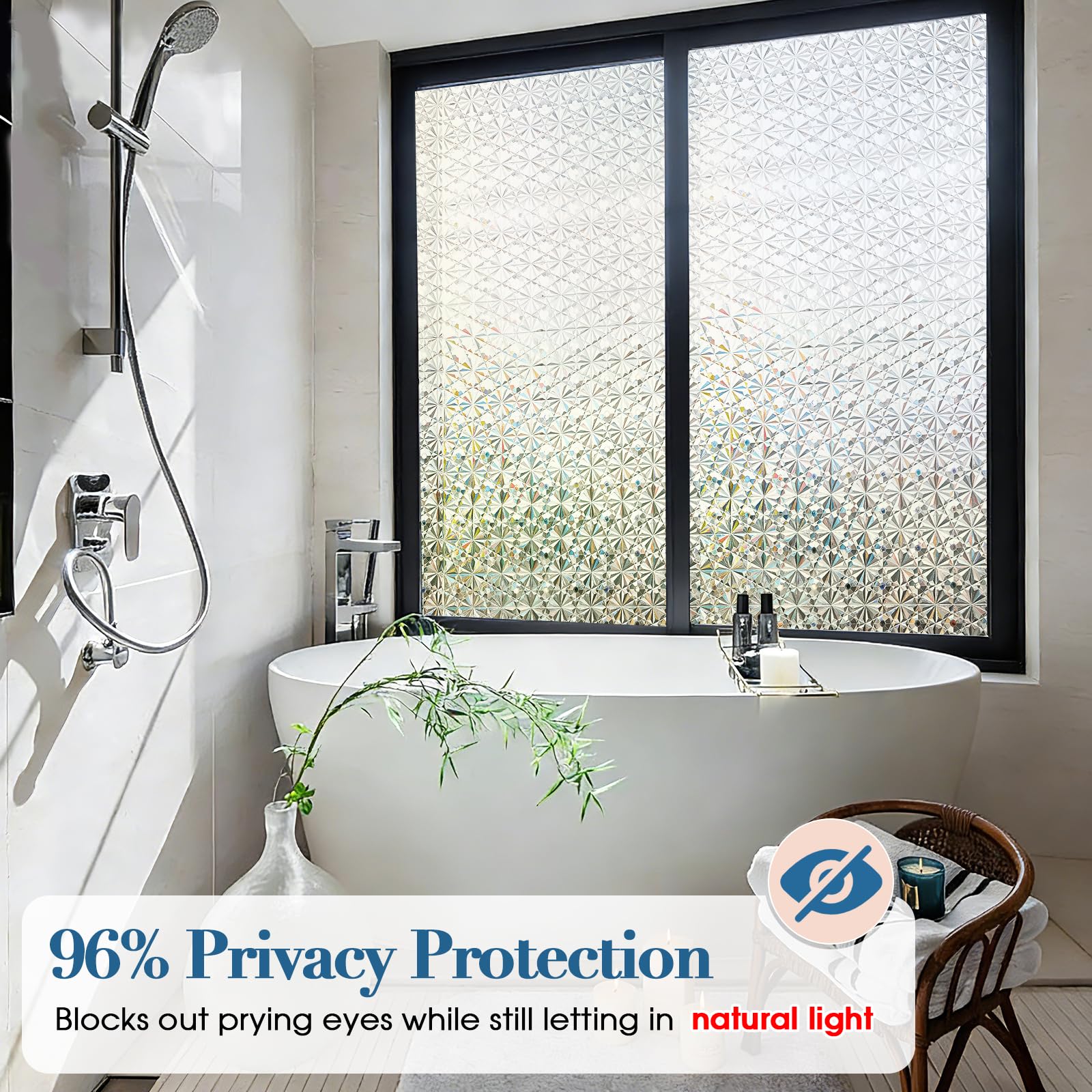 Windimiley 3D-Diamant-Milchglas-Fenster-Sichtschutzfolie, statisch haftend, kein Kleber, entfernbares Vinyl, UV-blockierend, Hitzekontrolle, mietfreundlich, dekorative Abdeckung für Badezimmer