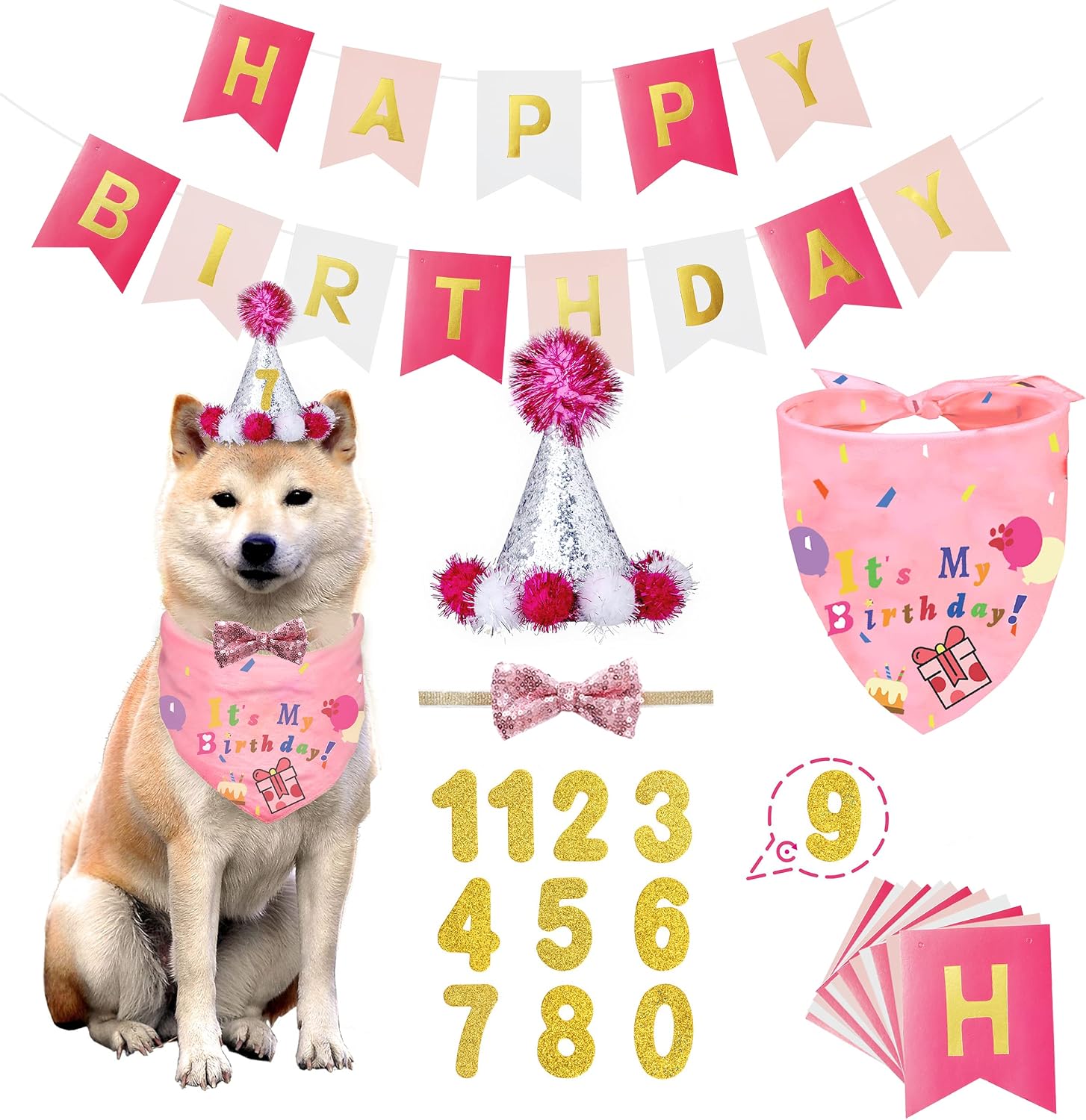 BANMODER Dog Birthday Bandana with Birthday Cake Pattern，Birthday Hat with 0-8 Figures and Bow Ties Banner Set,Birthday Party Supplies…