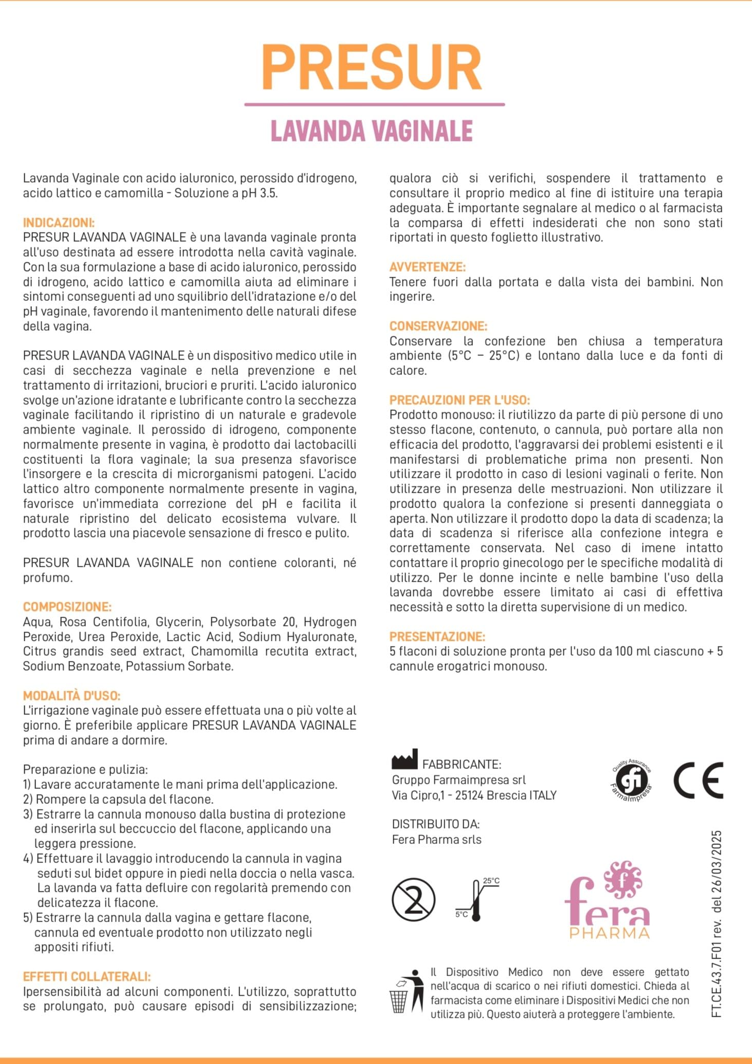 Presur - Lavanda Vaginale pH 3,5 pronta all'uso con Acido Ialuronico, Perossido d'Idrogeno, Acido Lattico e Camomilla - 5 Flaconi da 100 ml con Cannula Monouso (Confezione da 5)
