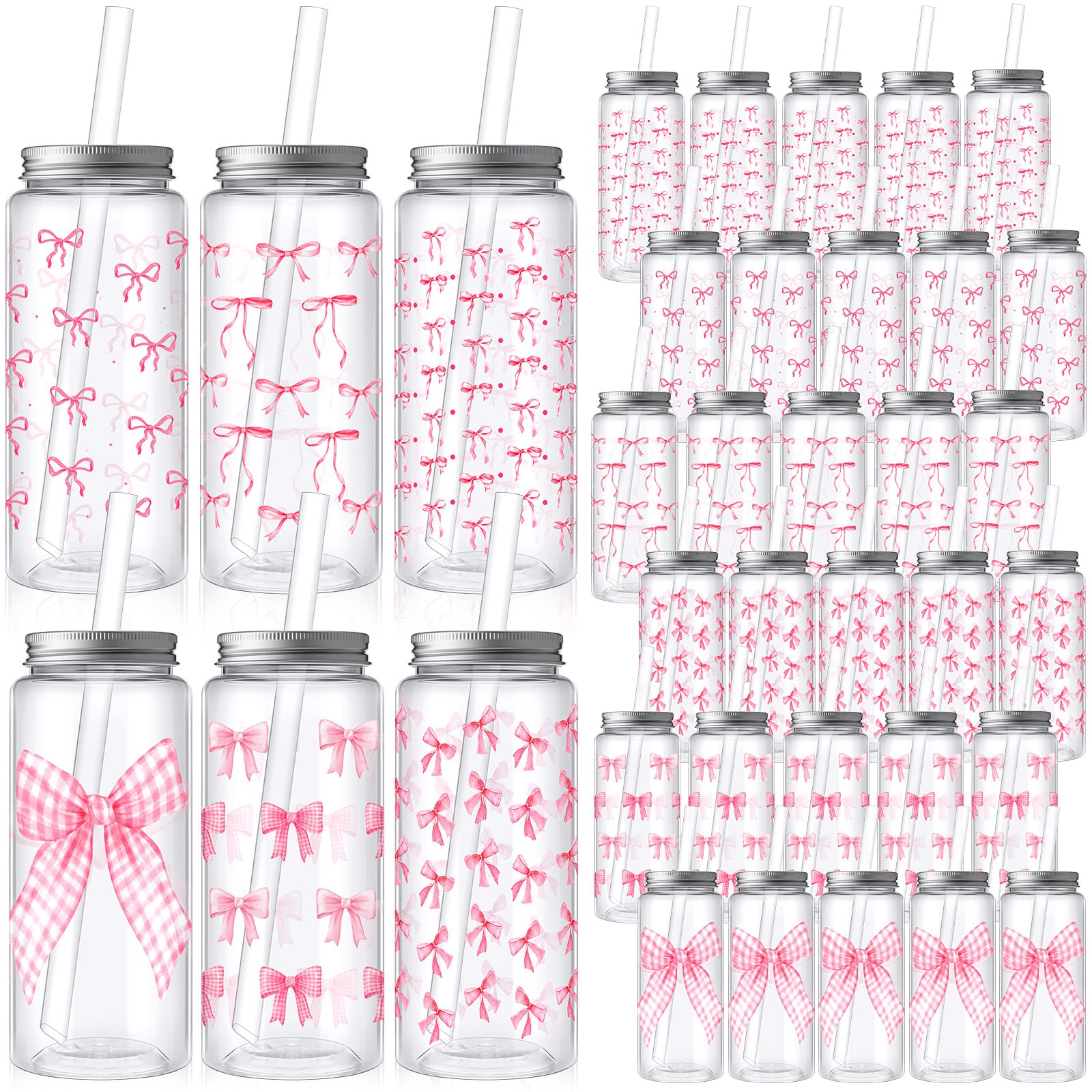 Skylety 30 Pcs Coquette Bow Aesthetic Cup Plastic Tumbler with Lids and Straws 13.5 oz Reusable Cute Plastic Cups for Women Sea Summer Birthday Bridal