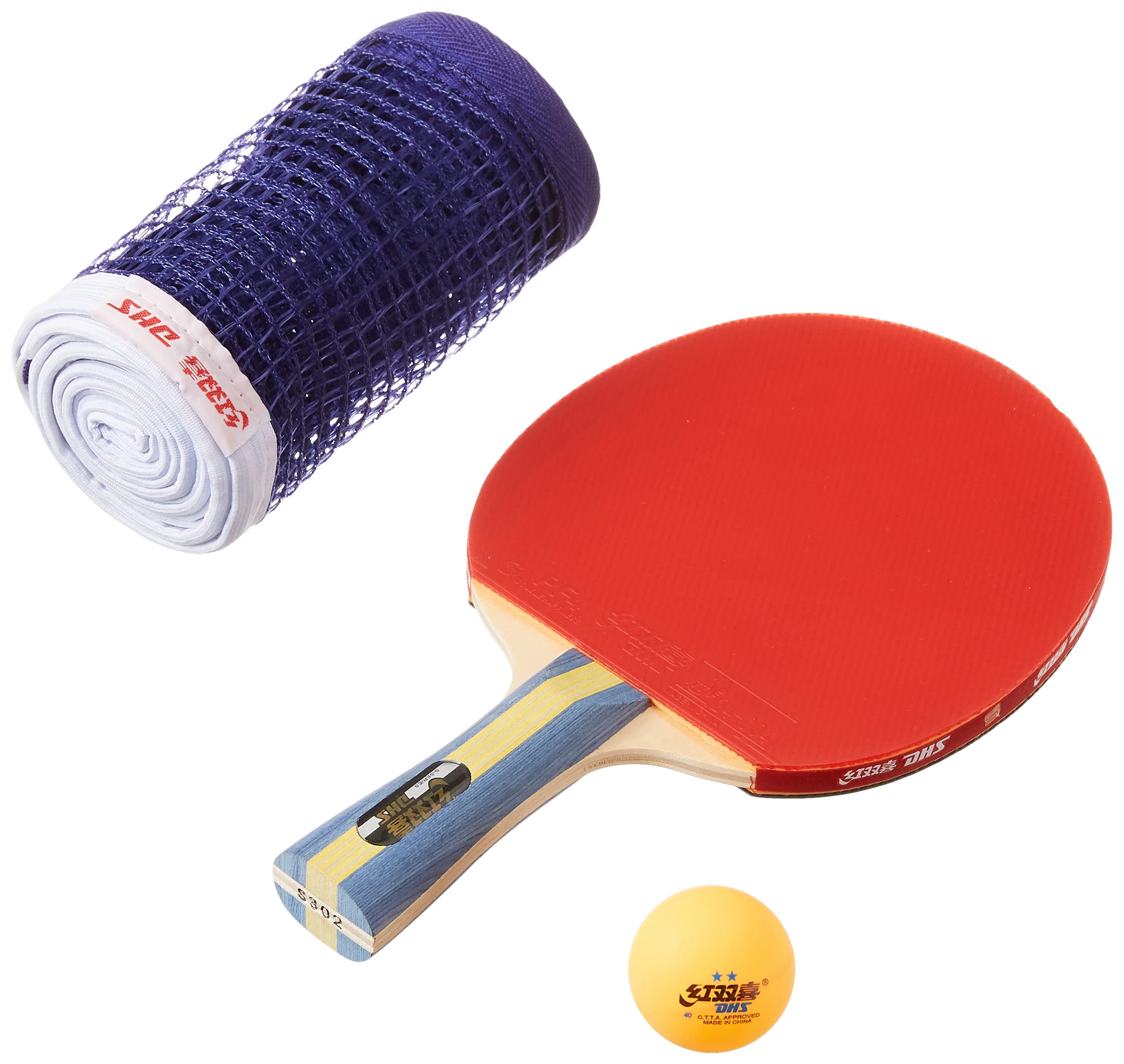 DHSTT BAT S-S302 WITH TT BALL 40MM 2 STAR ORANGE (36 Pcs Box) AND ASSORTED COLOR (BLACK/BLUE) TT NET409