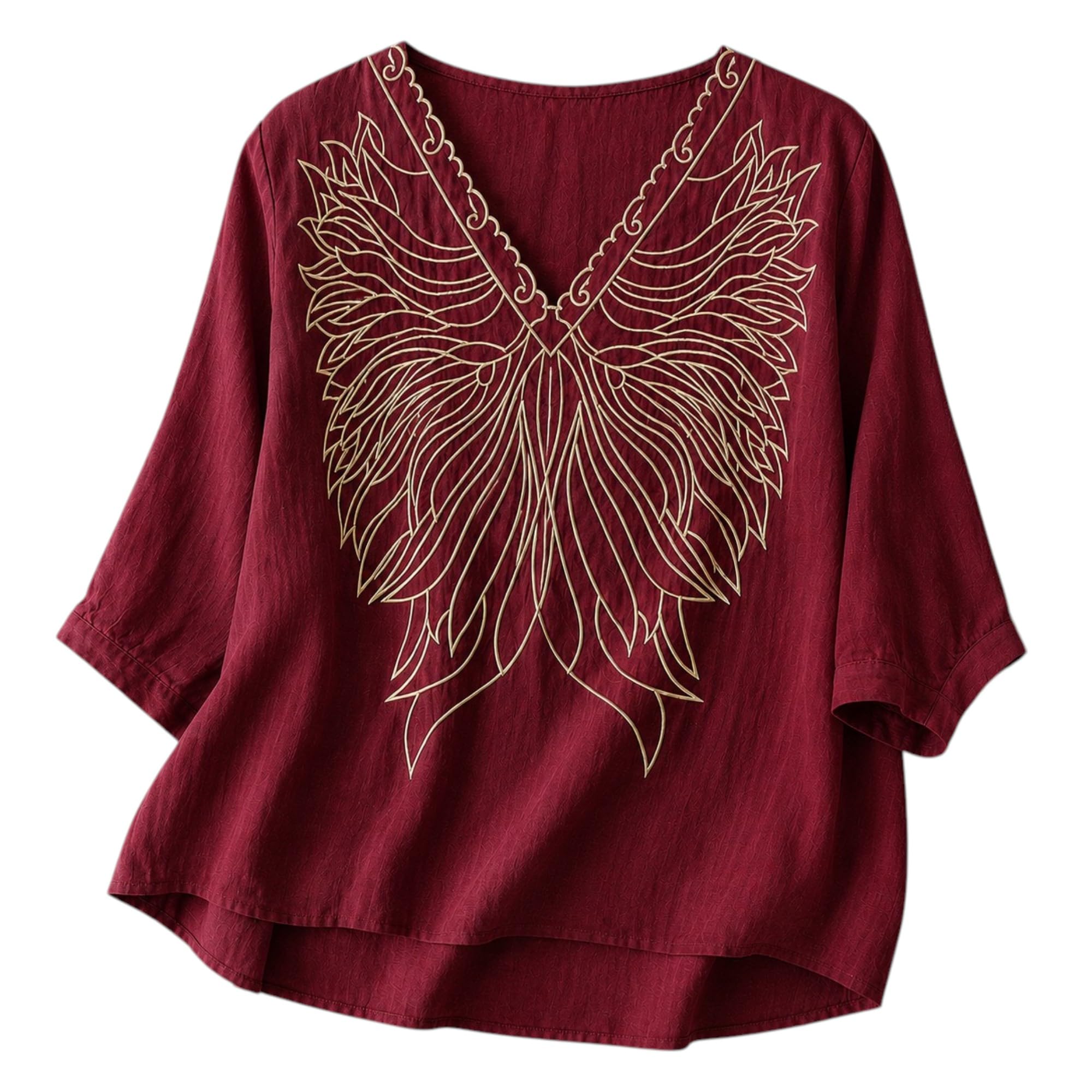 rieka Women's Embroidered Top for Women, Maroon V Neck Rayon, 3/4 Sleeve Casual Loose Fit Tunic, Boho Blouse for Women, Korean Style-picture-10