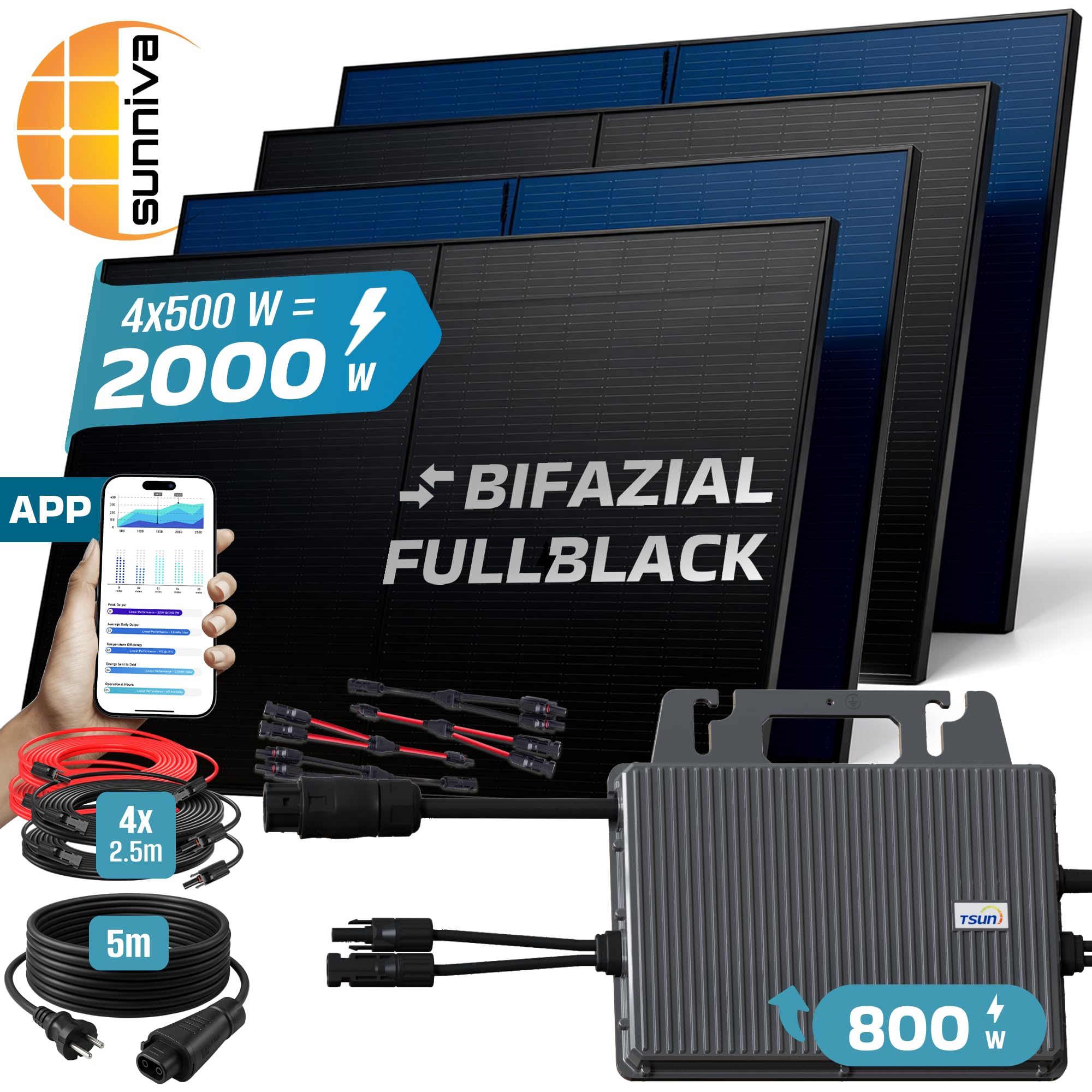 SUNNIVA 2000W Balkonkraftwerk BIFAZIAL FULLBLACK komplett Steckdose TSUN 800W Wechselrichter, PV Solaranlage, 4x 500W Glas Solarmodule, inkl. 5m Kabel, Bluetooth WIFI, Komplettset