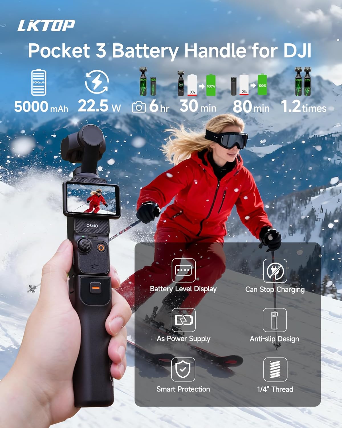 LKTOP Osmo Pocket 3 Accessories Kit for DJI, Battery Handle (6hr Battery Life)+Carrying Bag+30W Charger+3Pack Screen Protector+Tripod, Compatible with DJI Pocket 3, Xtra Muse Camera Accessories