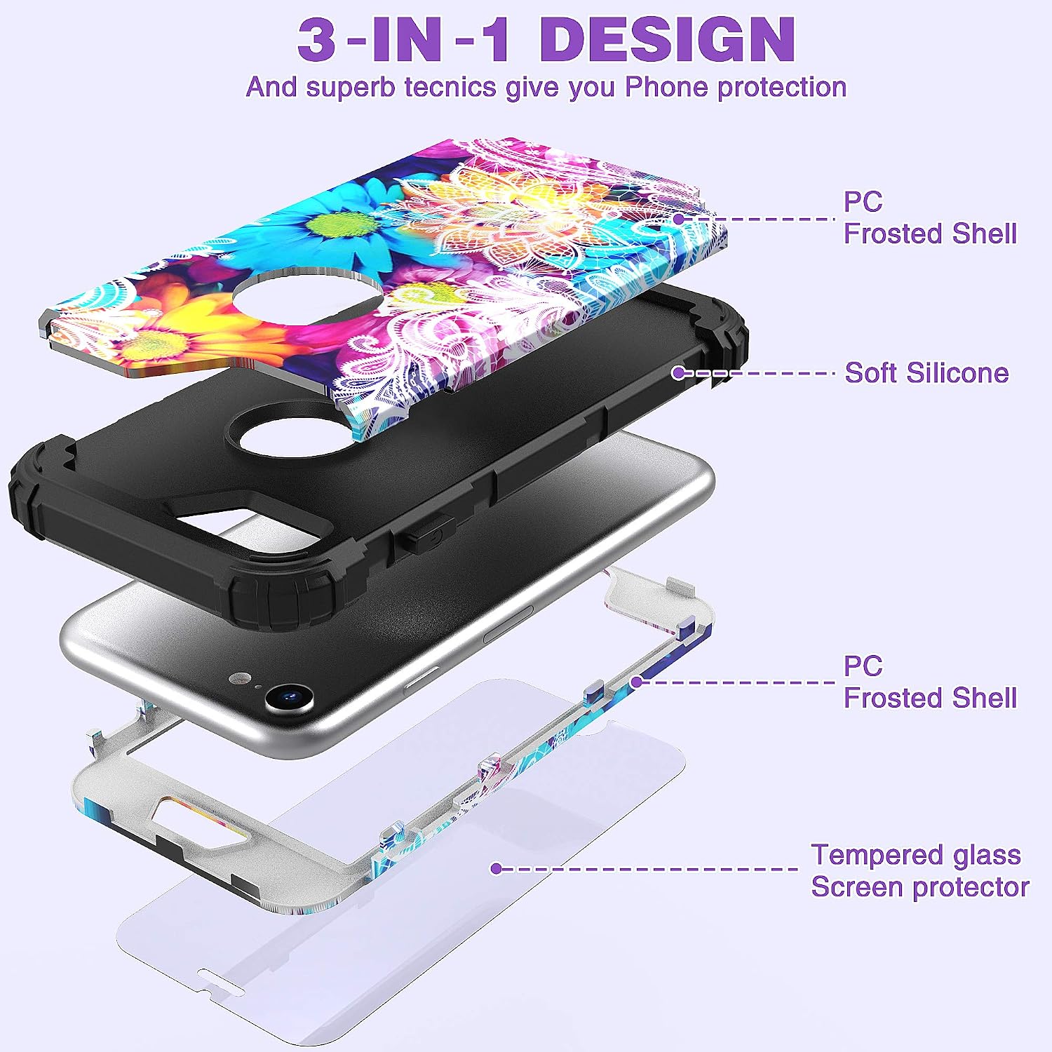 IDweel iPhone 6S Case, iPhone 6 Case with Tempered Glass Screen Protector, 3 in 1 Heavy Duty Shock Absorption Hard PC Covers Soft Silicone Full Body Protective Case for Women Girls, Flower