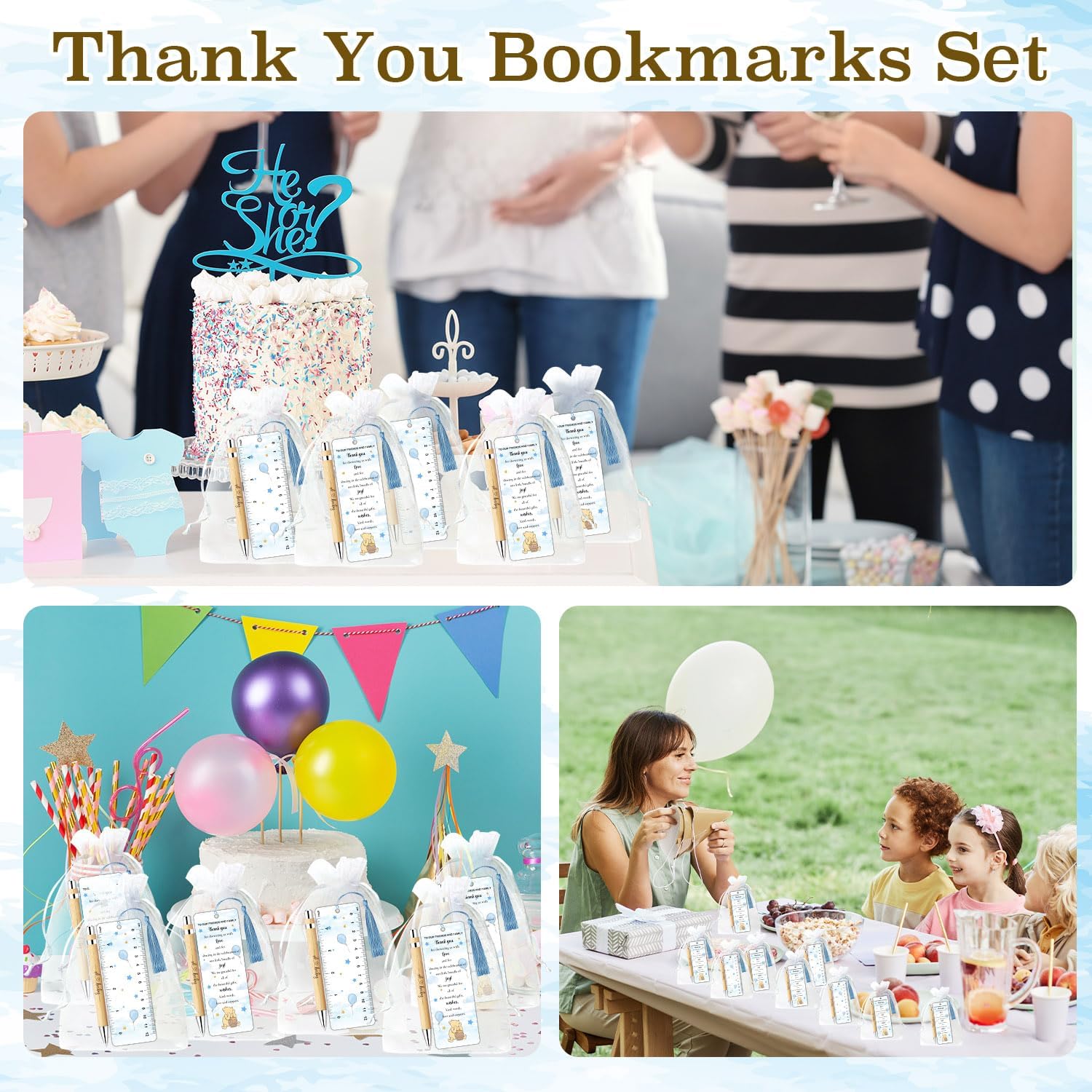 Xendelow 30 Sets Winnie Baby Shower Favors for Guests, Includes 30 Baby Shower Ballpoint Pens 30 Winnie Thank You Bookmarks 30 Organza Bags for Gender Reveal Gifts Guest Prizes, The Pooh Decoration